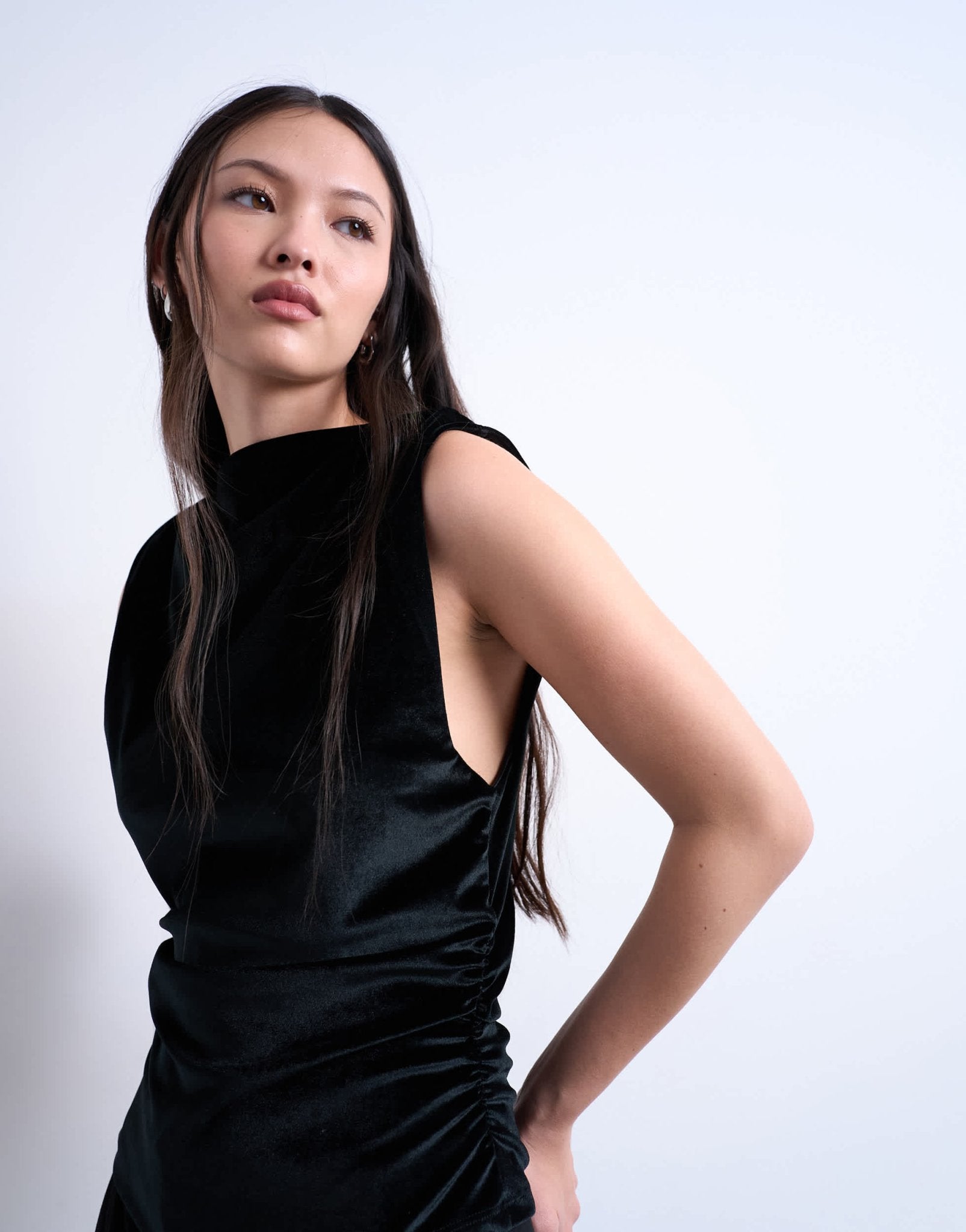 Topshop velvet drop armhole ruched side top in black - ASOS Sample Sale
