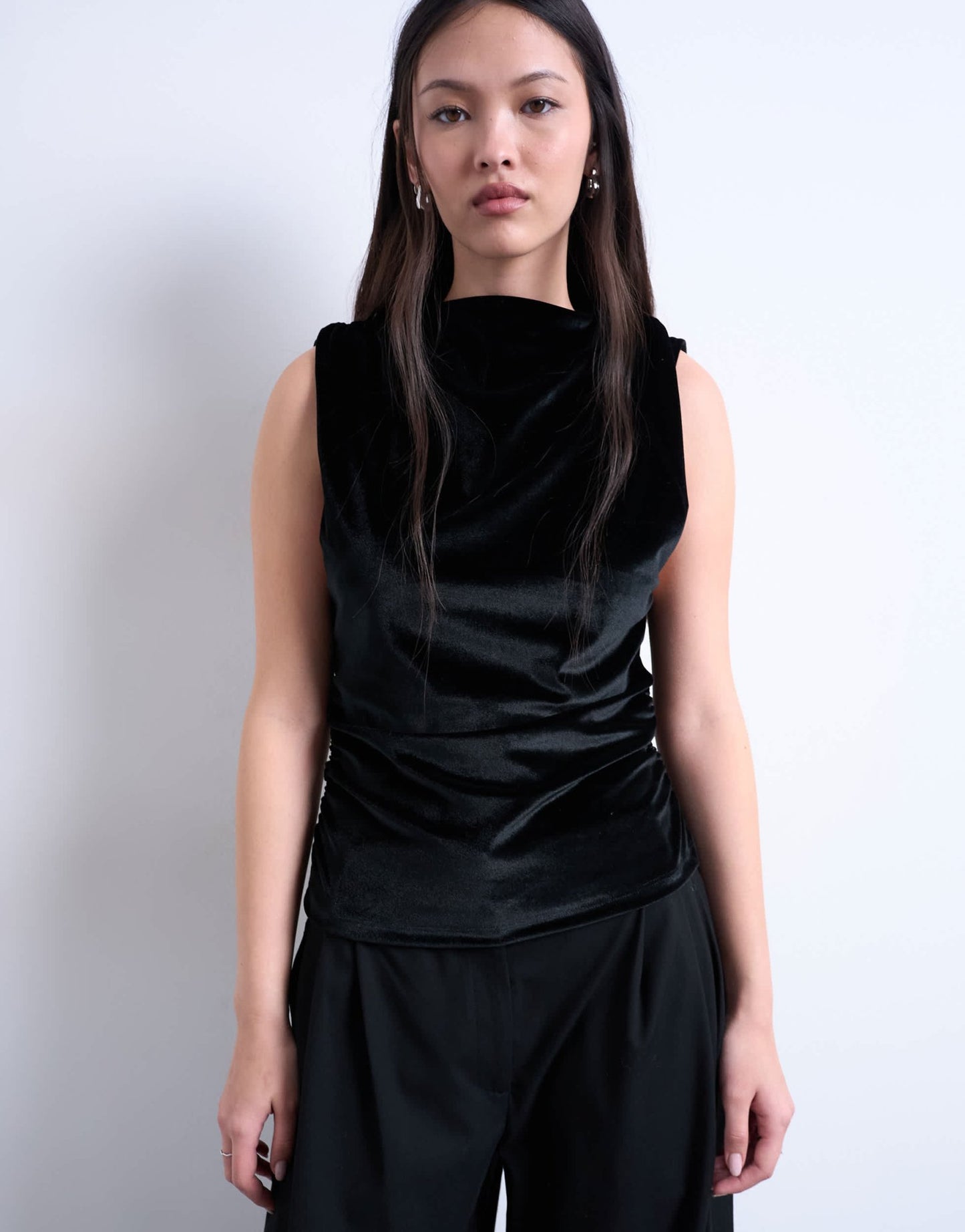 Topshop velvet drop armhole ruched side top in black - ASOS Sample Sale