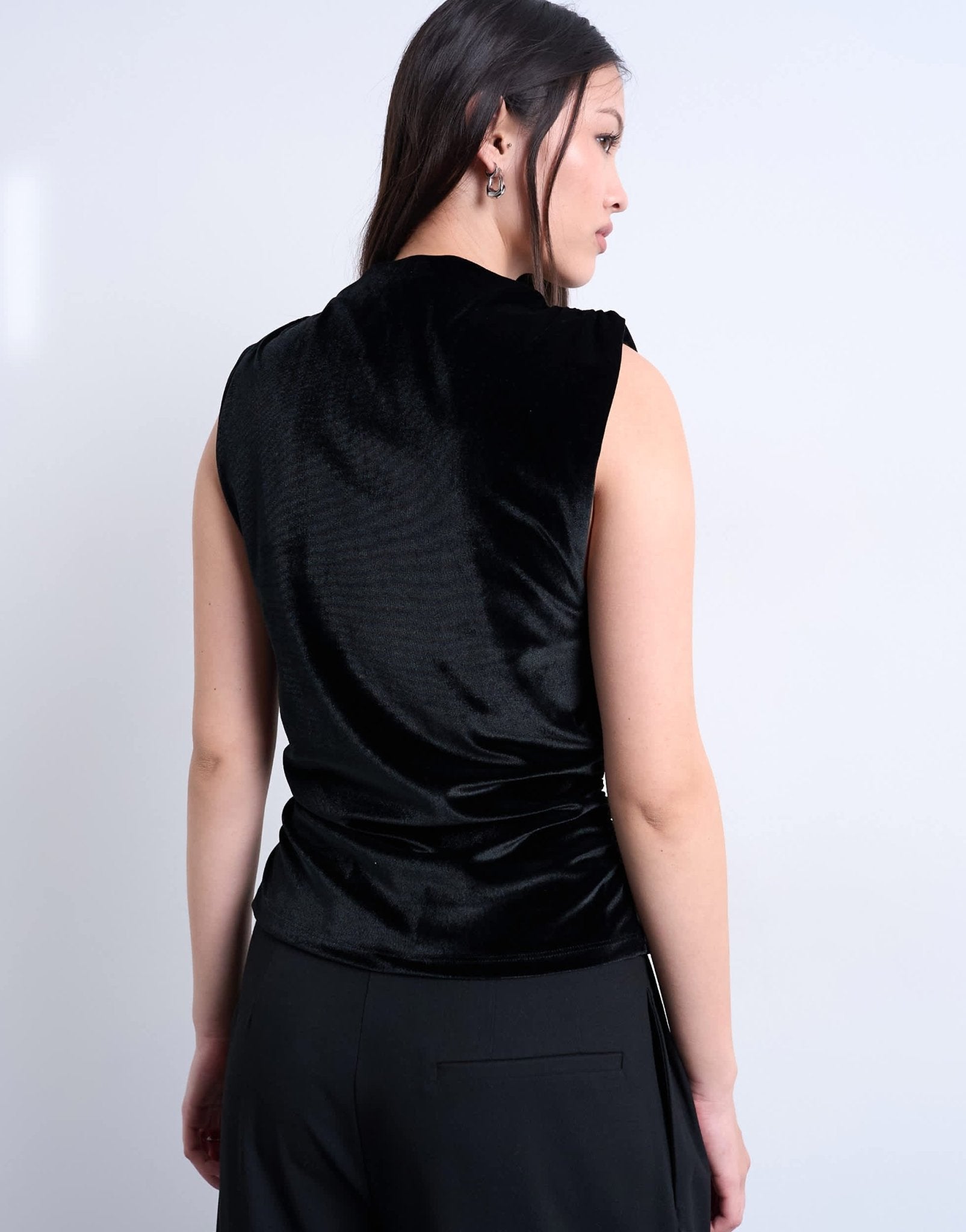 Topshop velvet drop armhole ruched side top in black - ASOS Sample Sale