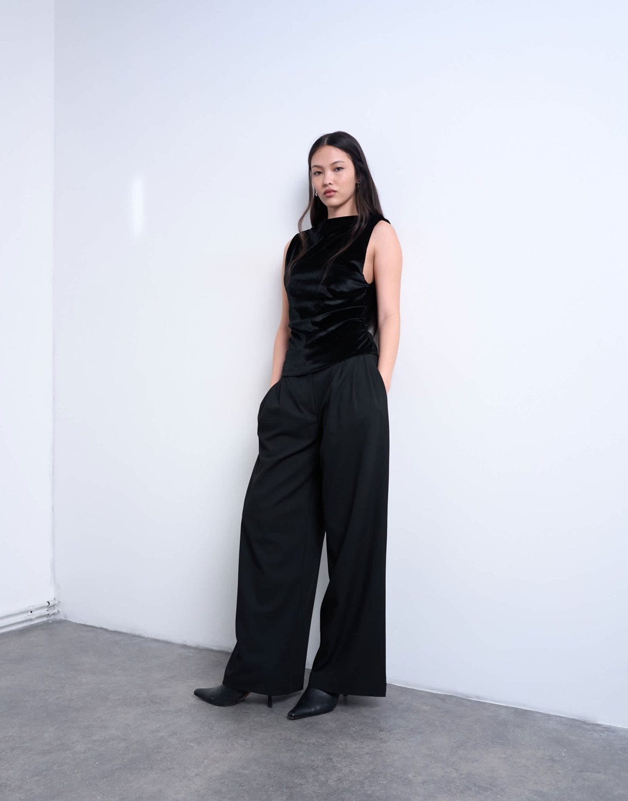 Topshop velvet drop armhole ruched side top in black - ASOS Sample Sale