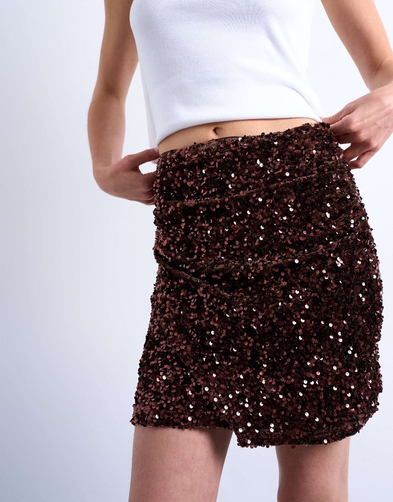 Topshop velvet sequin drape mini skirt in chocolate - ASOS Sample Sale