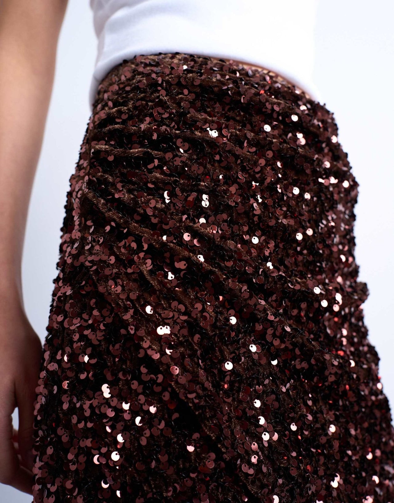 Topshop velvet sequin drape mini skirt in chocolate - ASOS Sample Sale