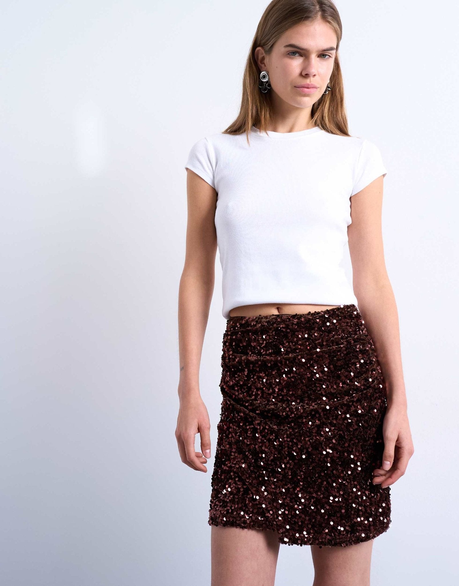 Topshop velvet sequin drape mini skirt in chocolate - ASOS Sample Sale