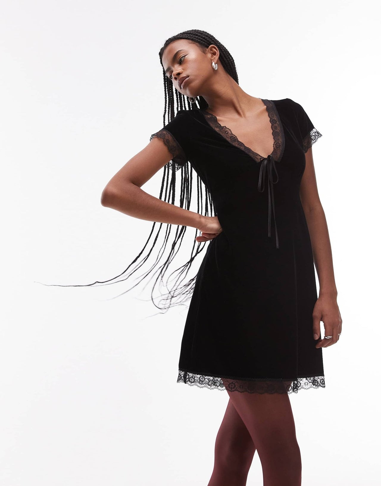 Topshop velvet tea dress mini with lace edge trim in black - ASOS Sample Sale