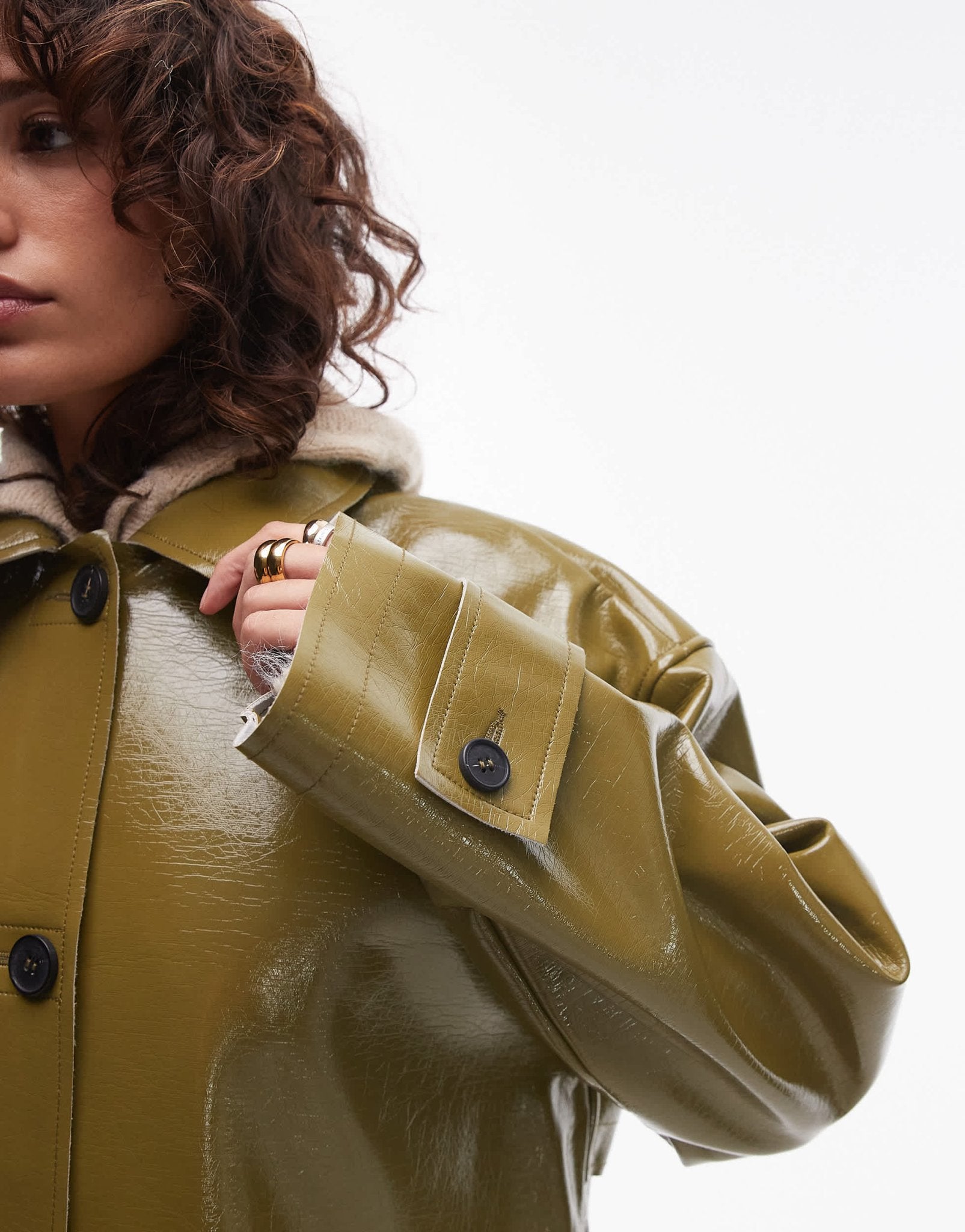 Topshop vinyl long coat in khaki - ASOS Sample Sale
