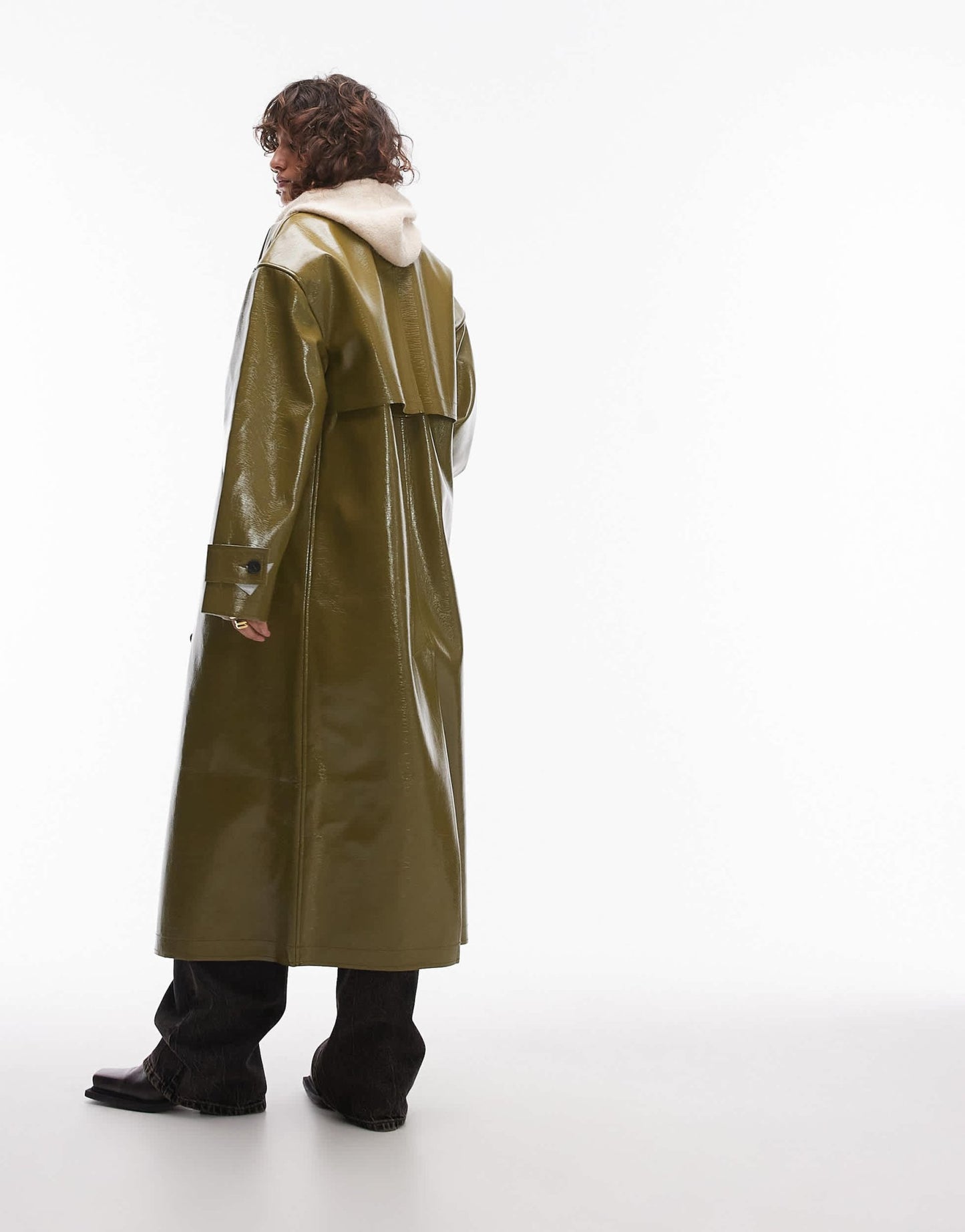 Topshop vinyl long coat in khaki - ASOS Sample Sale