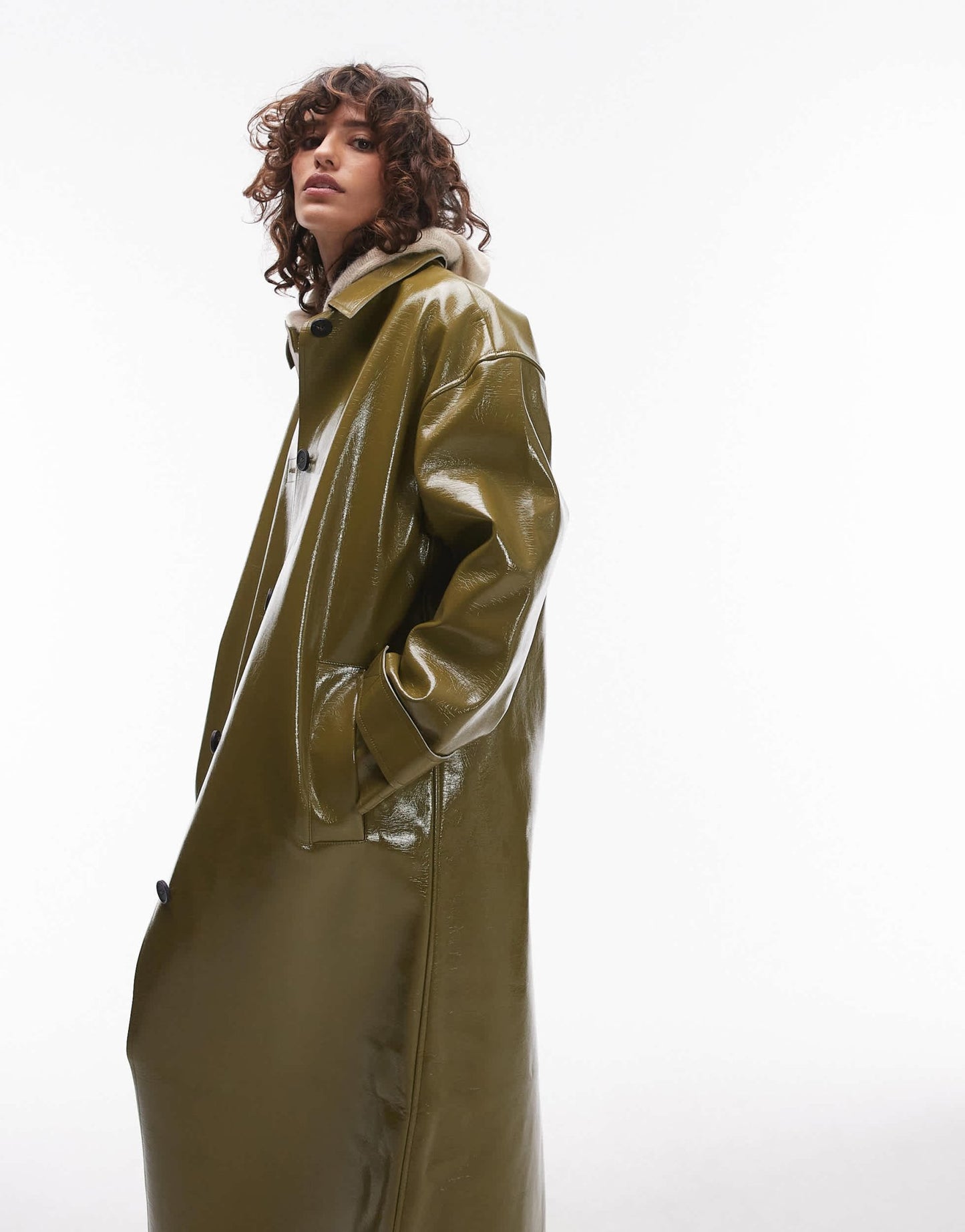 Topshop vinyl long coat in khaki - ASOS Sample Sale