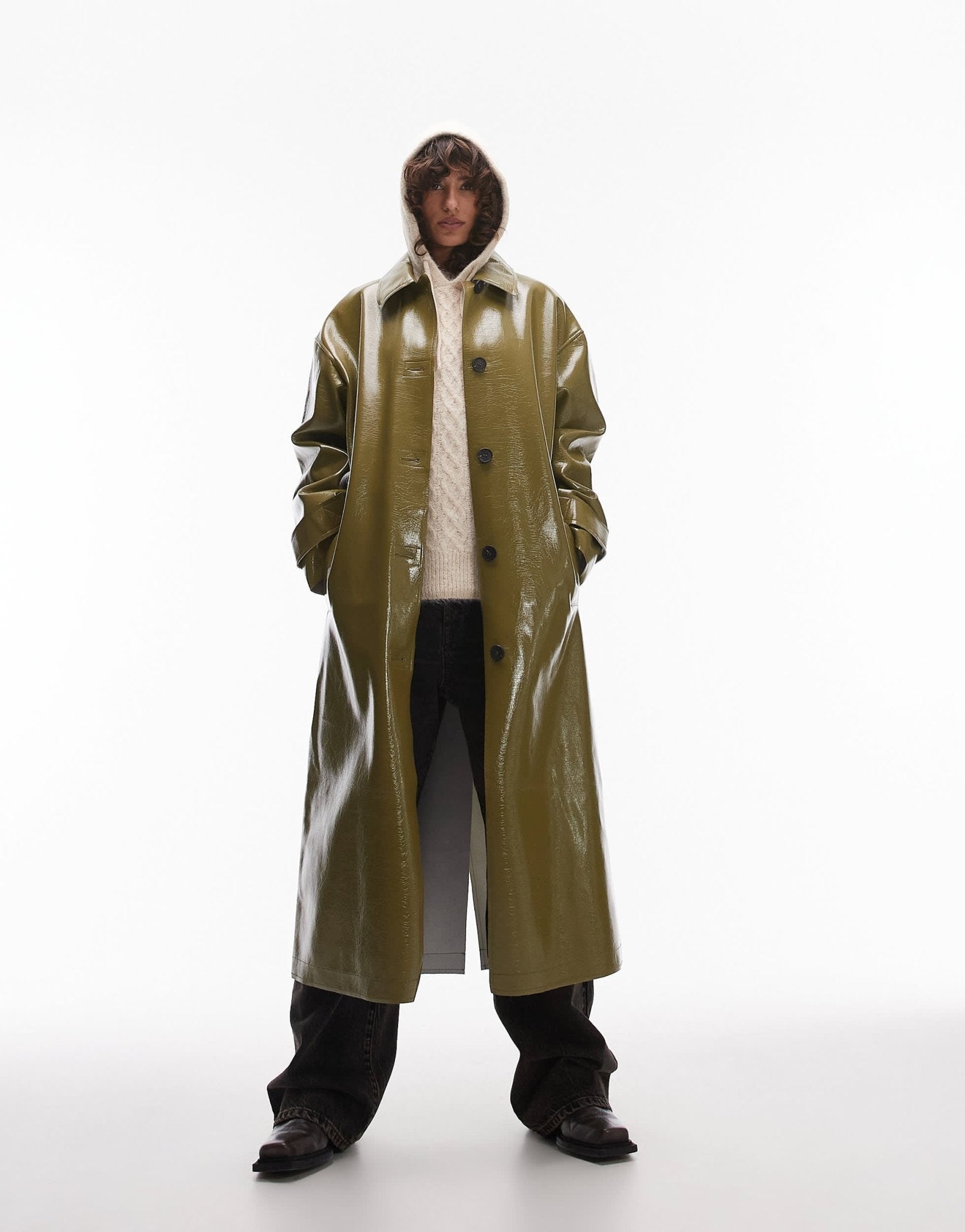Topshop vinyl long coat in khaki - ASOS Sample Sale
