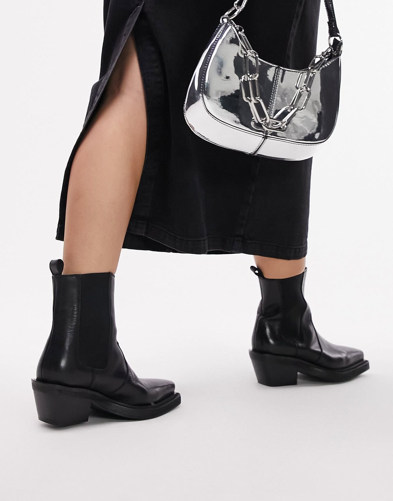 Topshop Wide Fit Maeve leather western ankle boot in black - ASOS Sample Sale