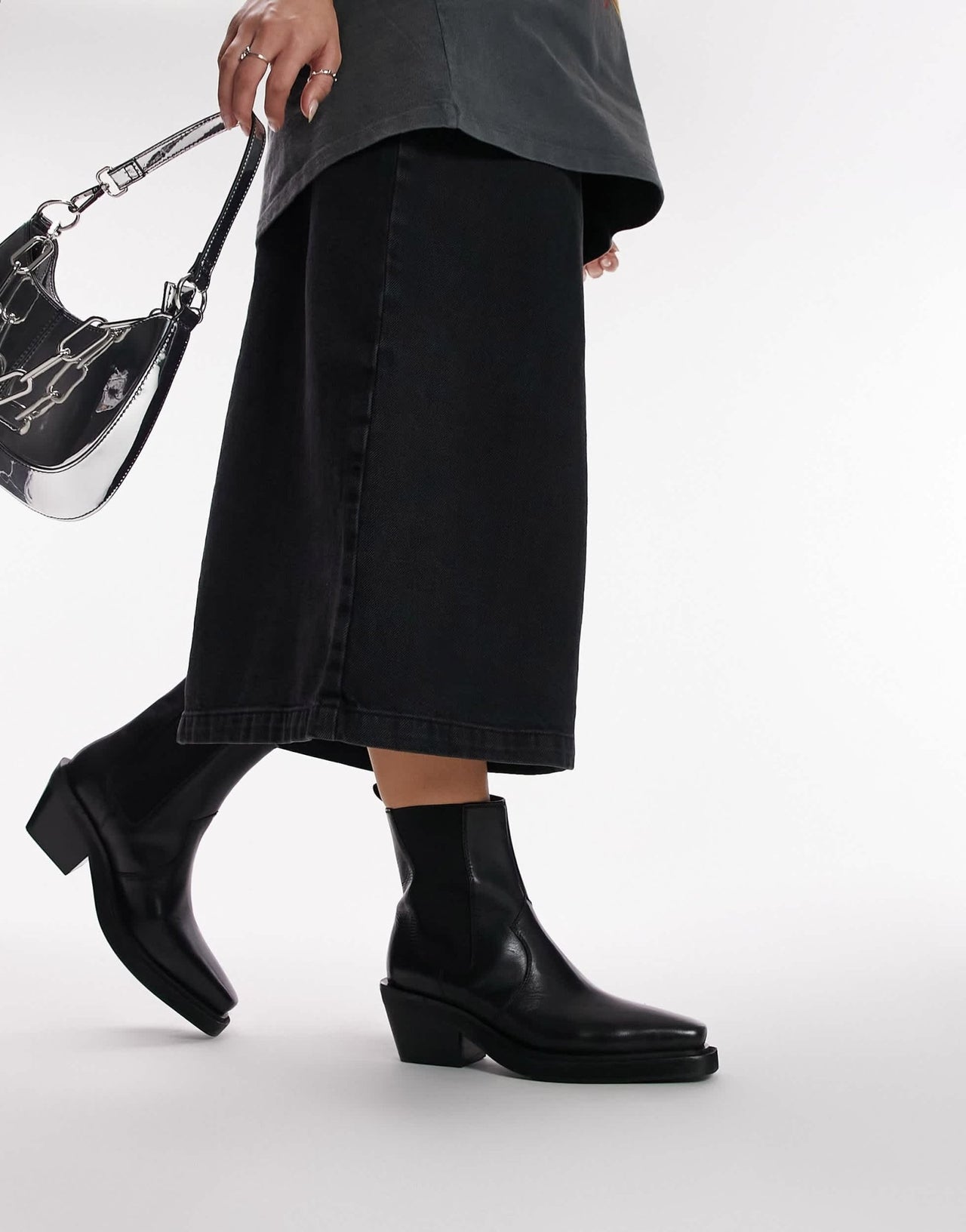 Topshop Wide Fit Maeve leather western ankle boot in black - ASOS Sample Sale