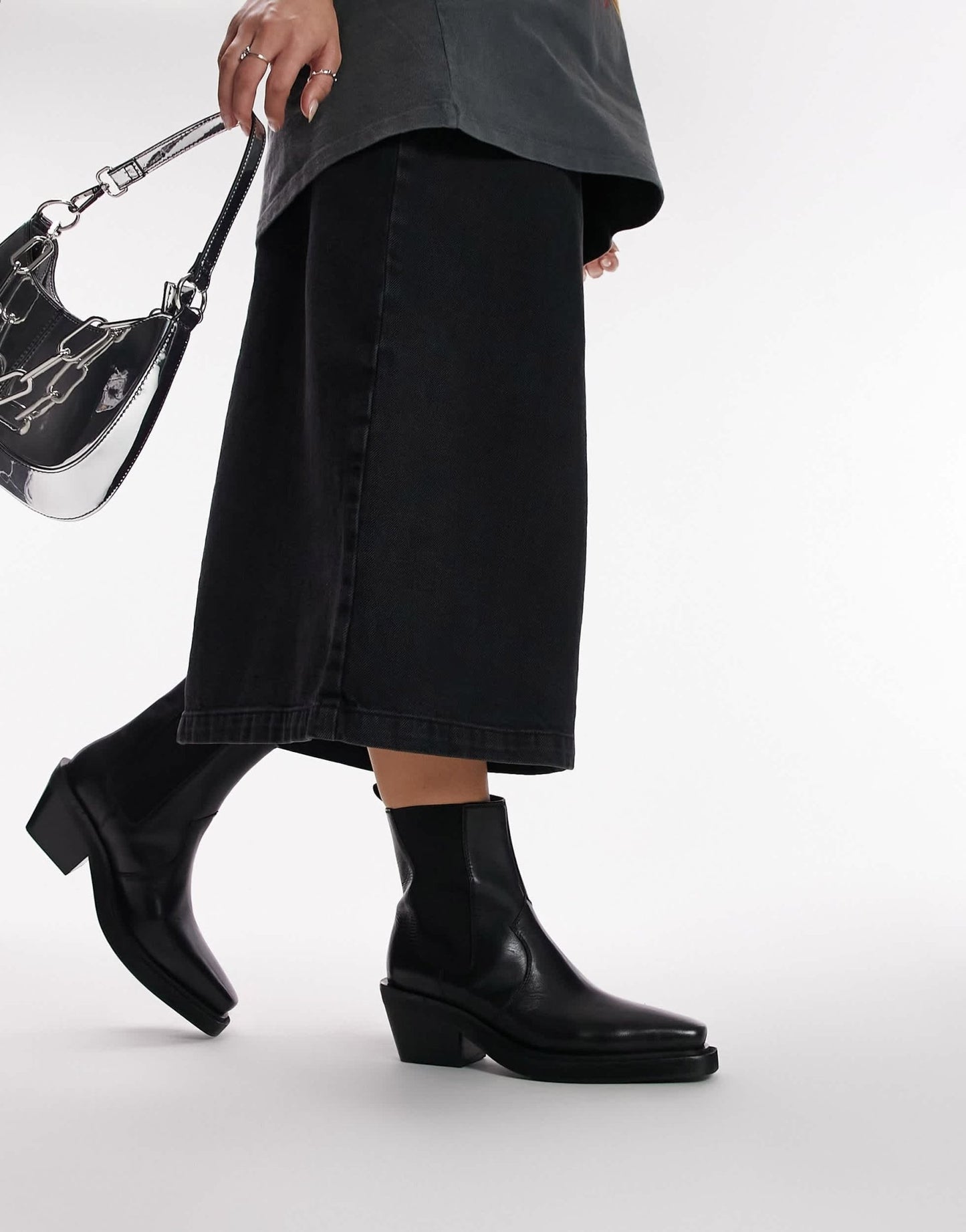 Topshop Wide Fit Maeve leather western ankle boot in black - ASOS Sample Sale