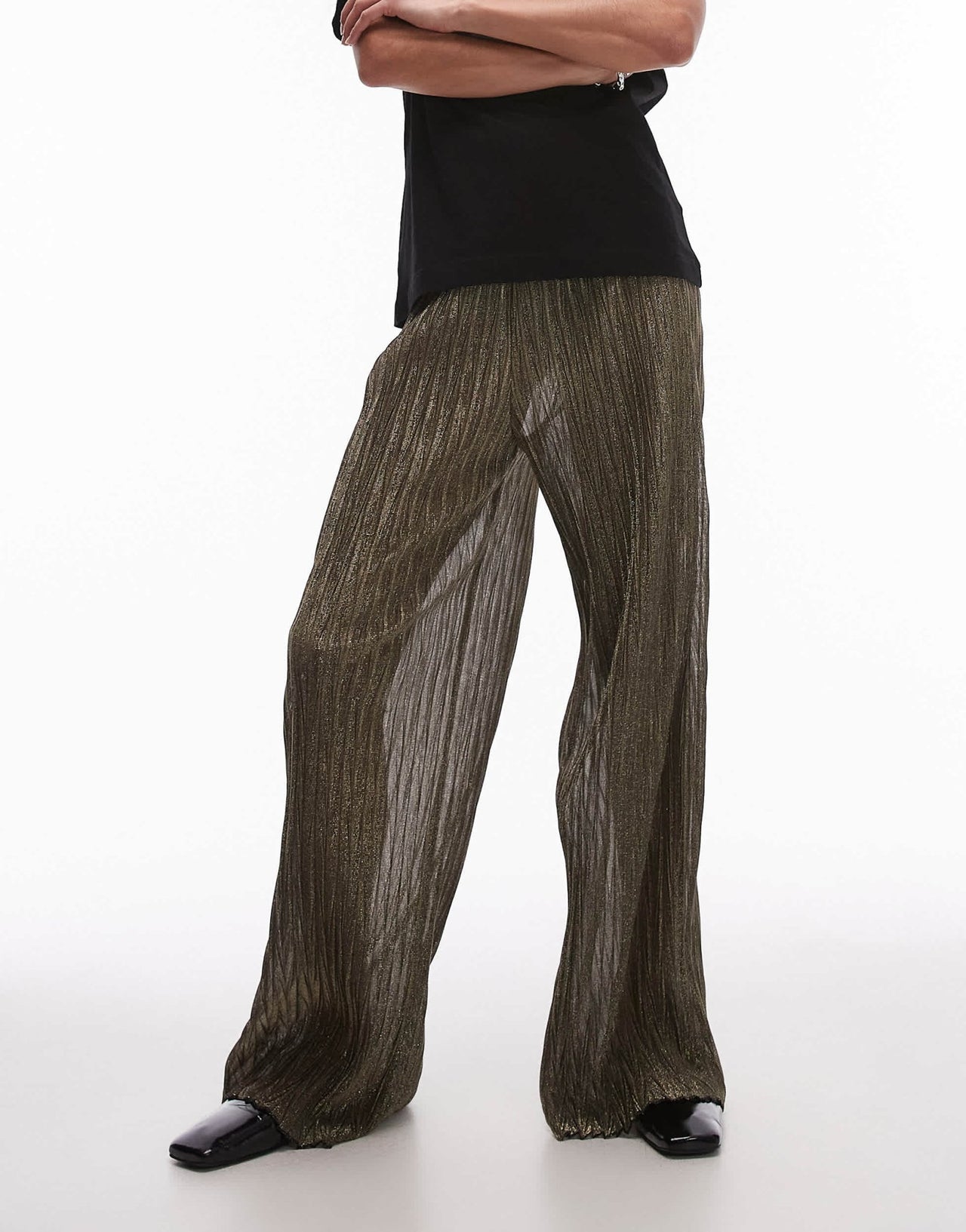 Topshop wide leg metallic sheer trousers in black and gold - ASOS Sample Sale