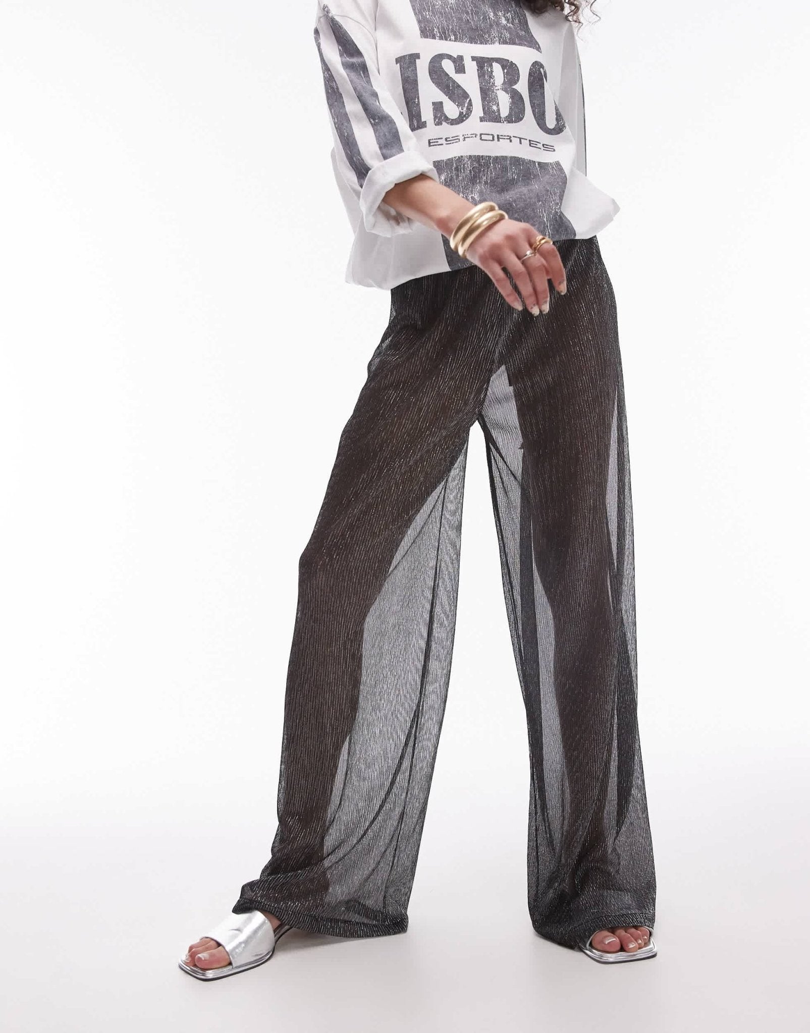 Topshop wide leg sheer metallic trousers in black - ASOS Sample Sale