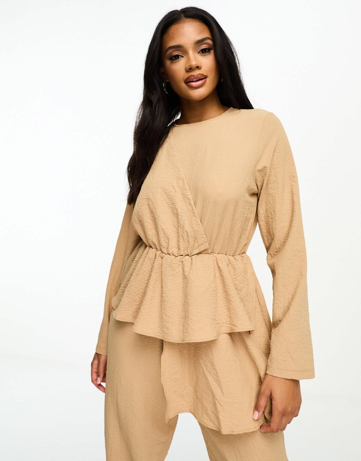 Trendyol modest jumpsuit with peplum detail in camel - ASOS Sample Sale