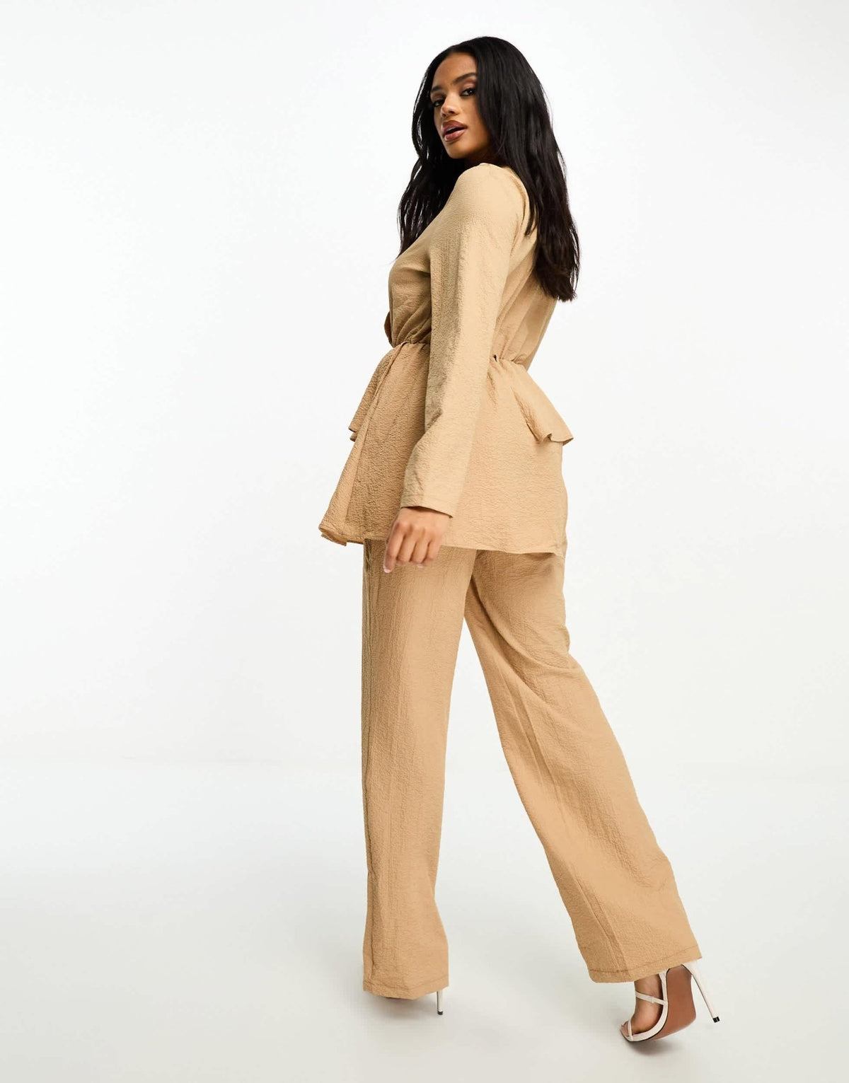 Trendyol modest jumpsuit with peplum detail in camel - ASOS Sample Sale