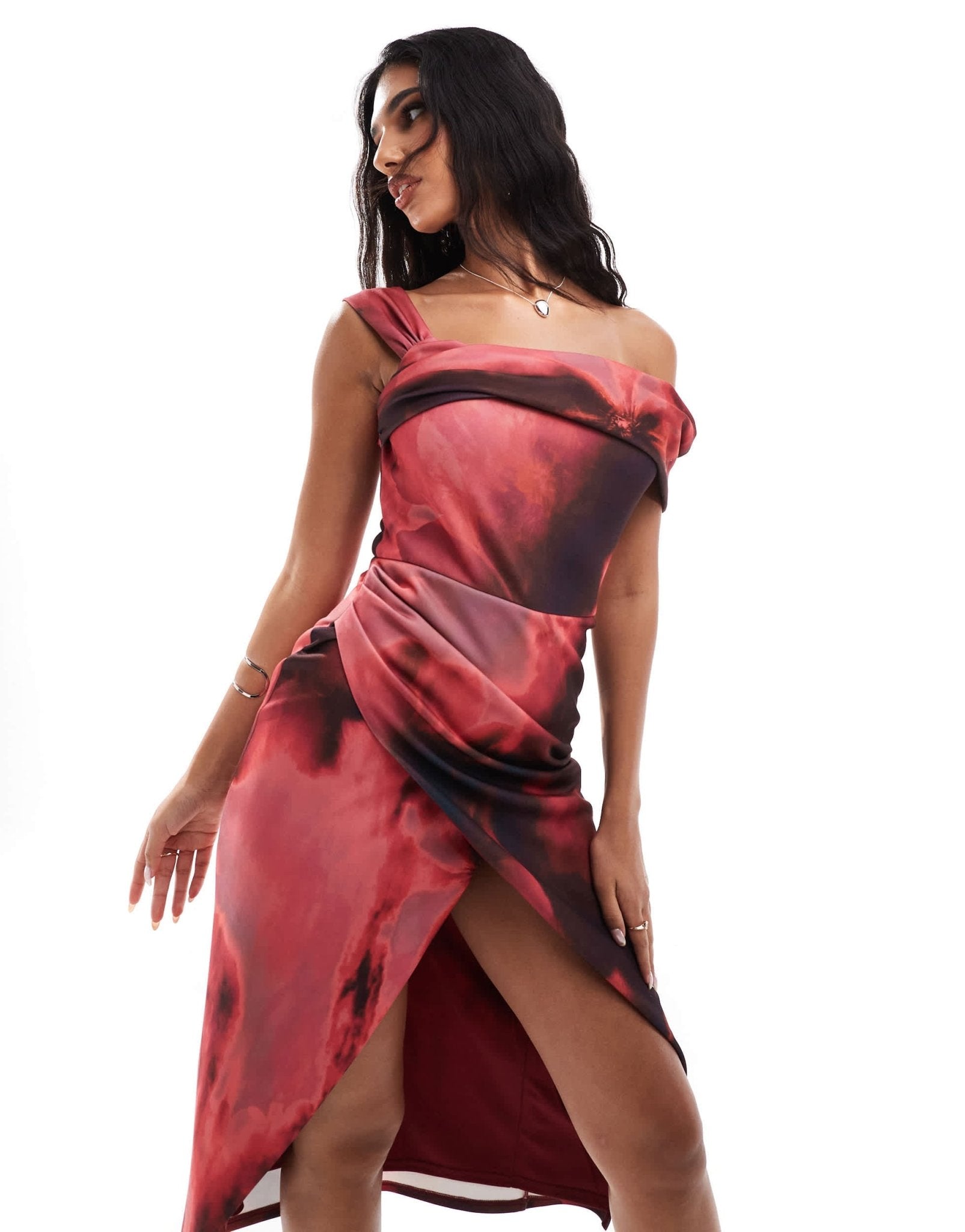 True Violet asymmetric bardot midi wrap dress in wine blur print - ASOS Sample Sale