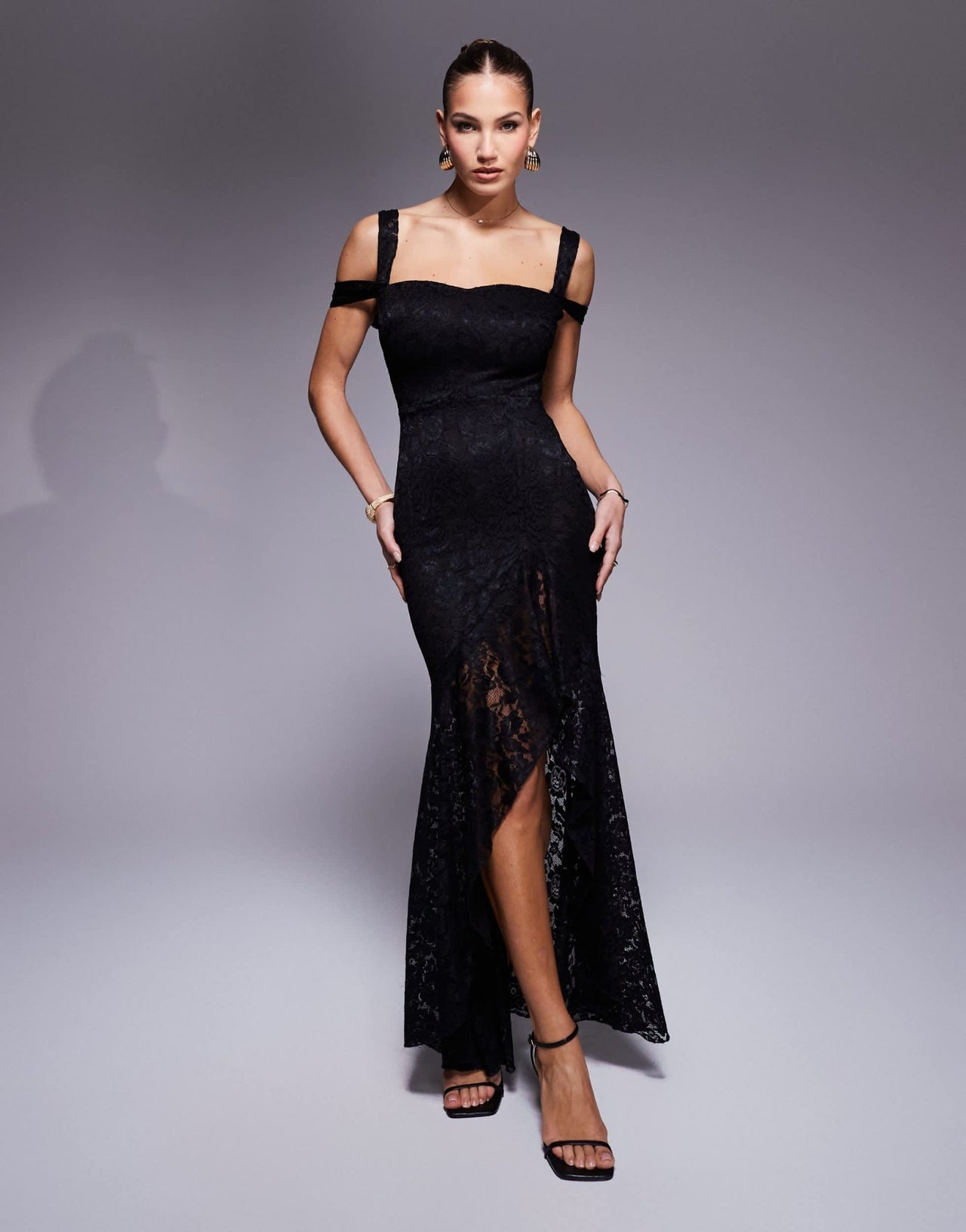 True Violet asymmetric lace ruffle gown in black - ASOS Sample Sale