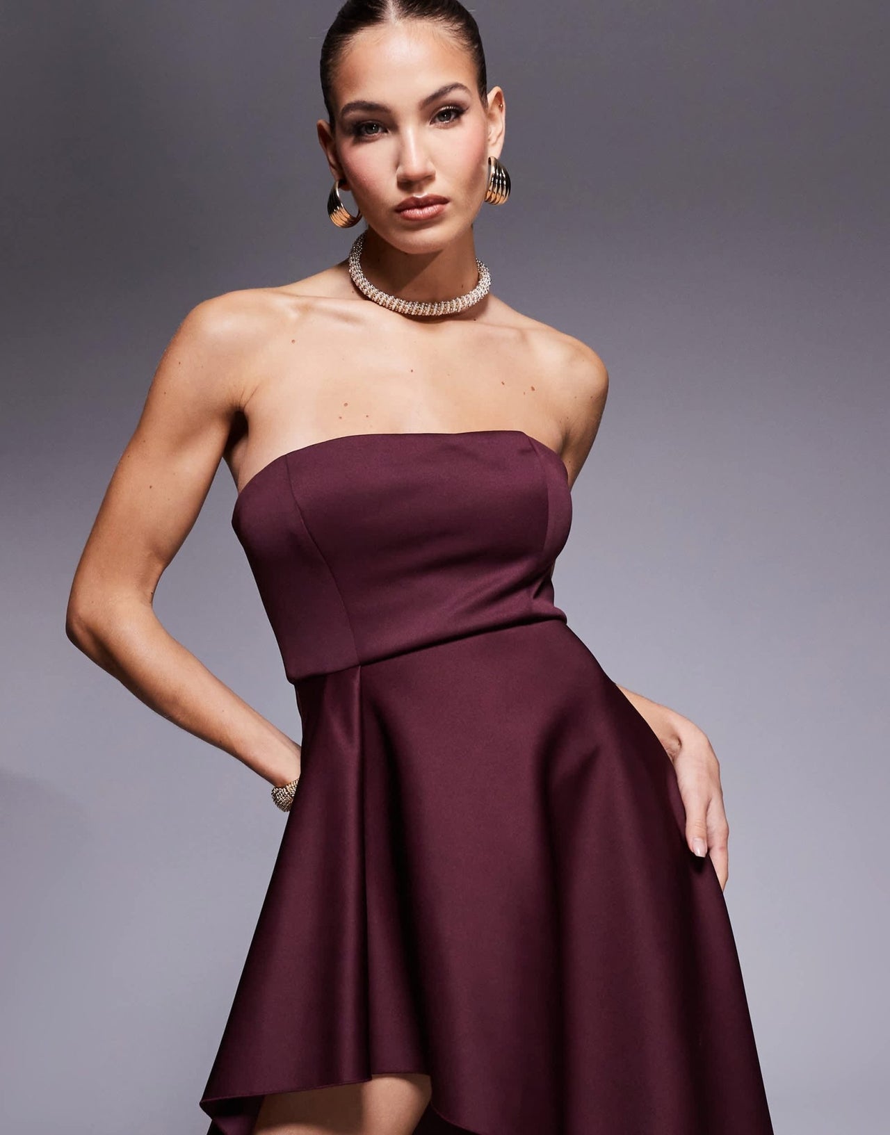 True Violet bandeau asymmetric midaxi dress in burgundy - ASOS Sample Sale