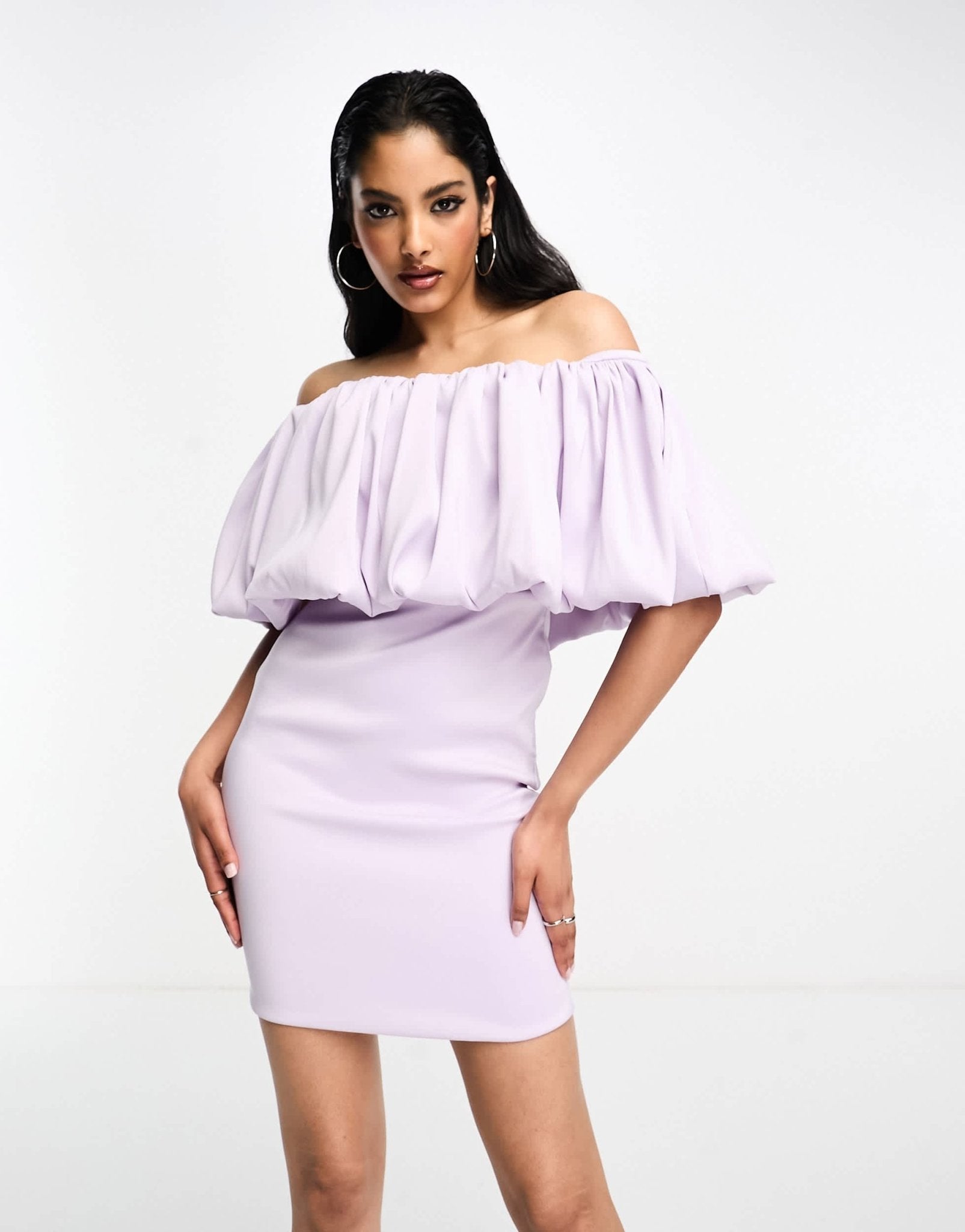 True Violet bardot mini dress with ruffle detail in lavender - ASOS Sample Sale