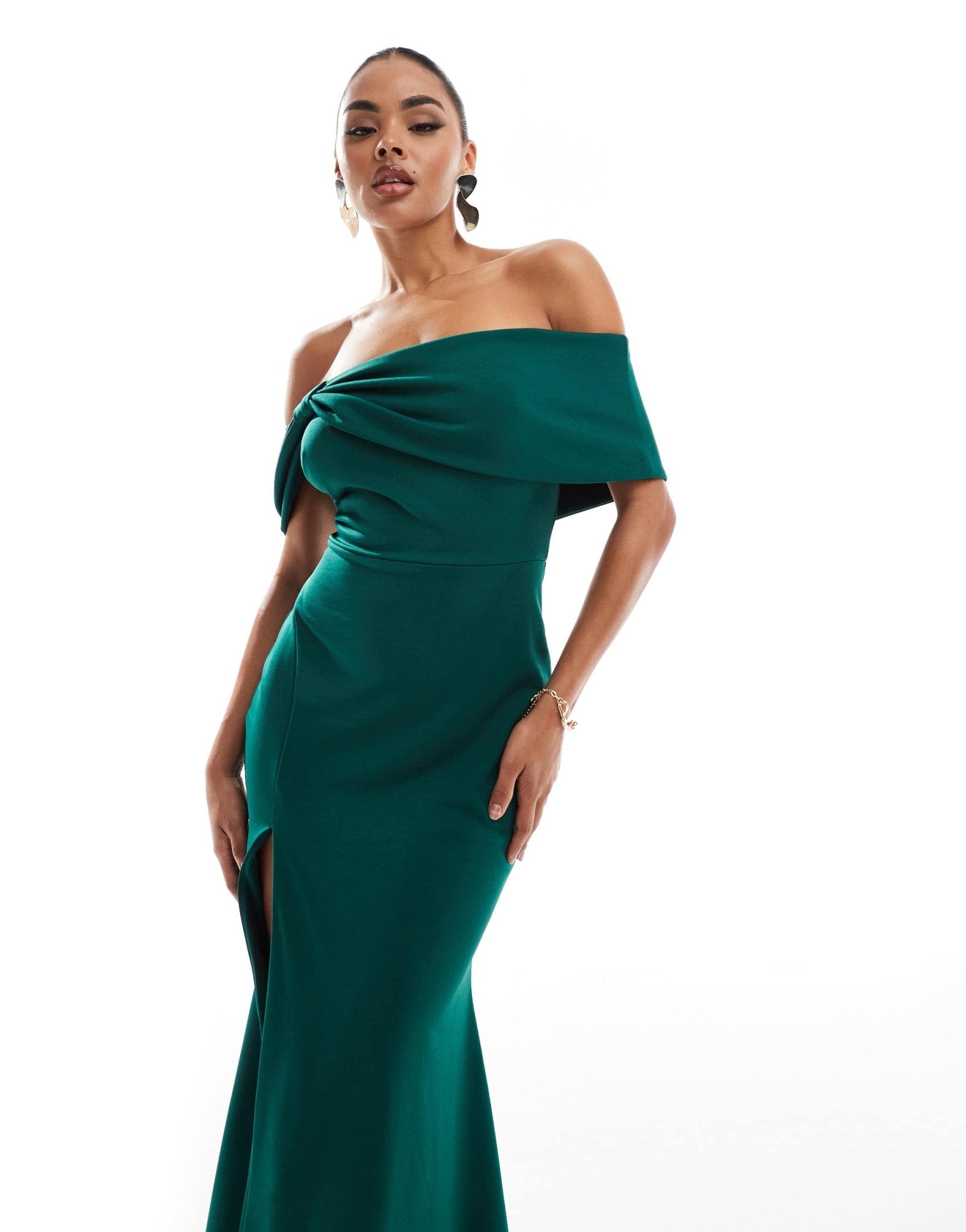 True Violet knot bardot maxi dress in forest green - ASOS Sample Sale