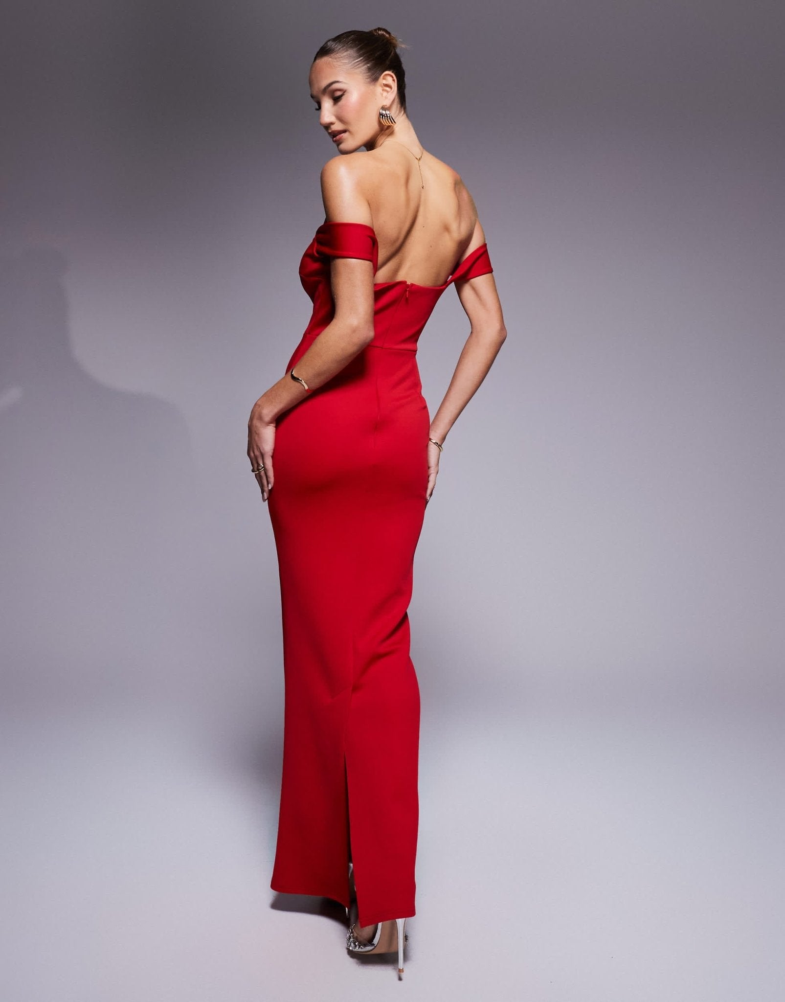True Violet plunge neck off shoulder maxi gown in red - ASOS Sample Sale