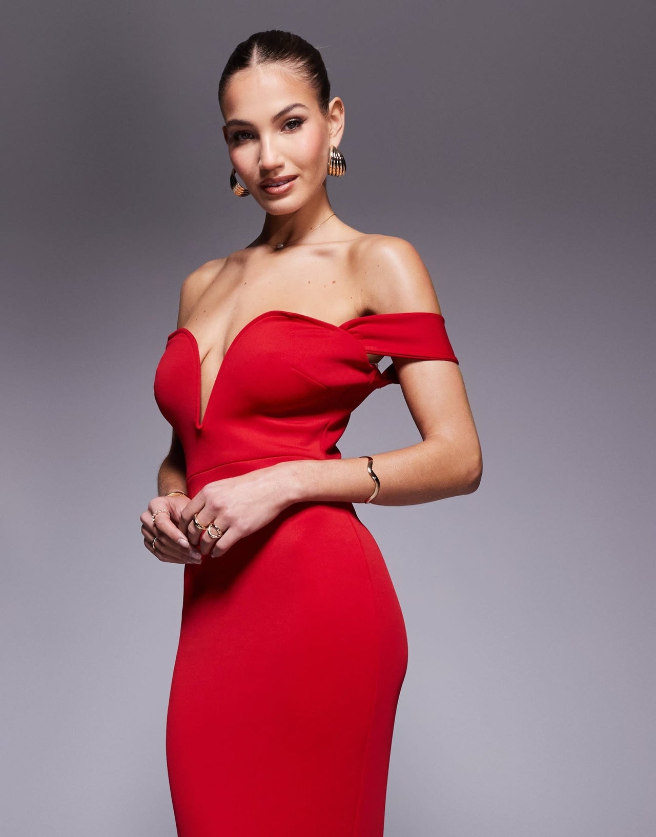 True Violet plunge neck off shoulder maxi gown in red - ASOS Sample Sale