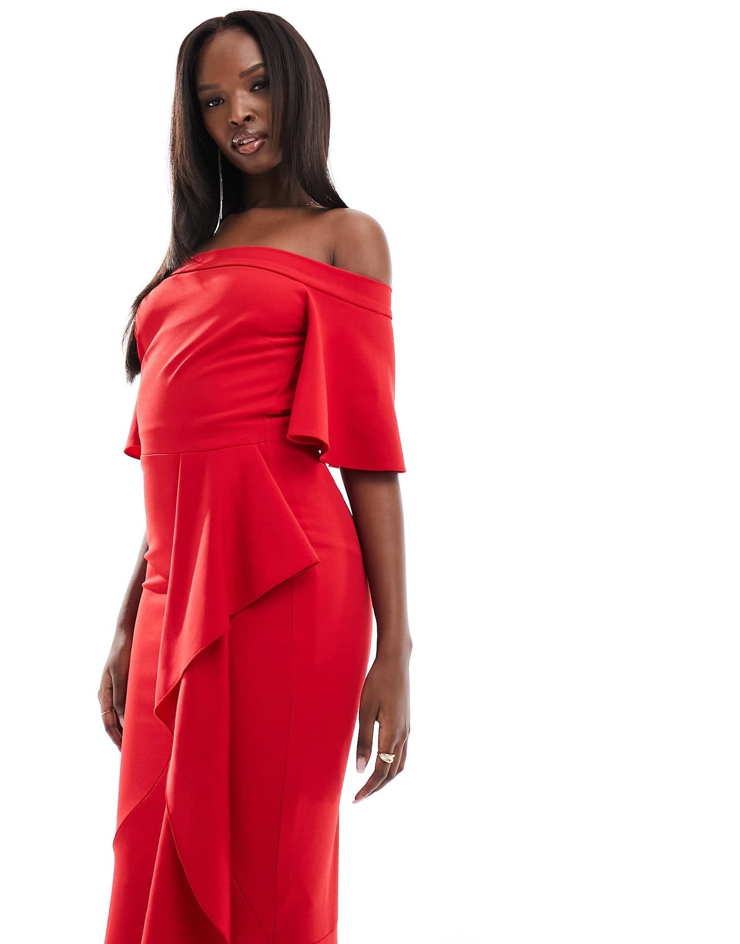 True Violet ruffle bardot maxi dress in red - ASOS Sample Sale