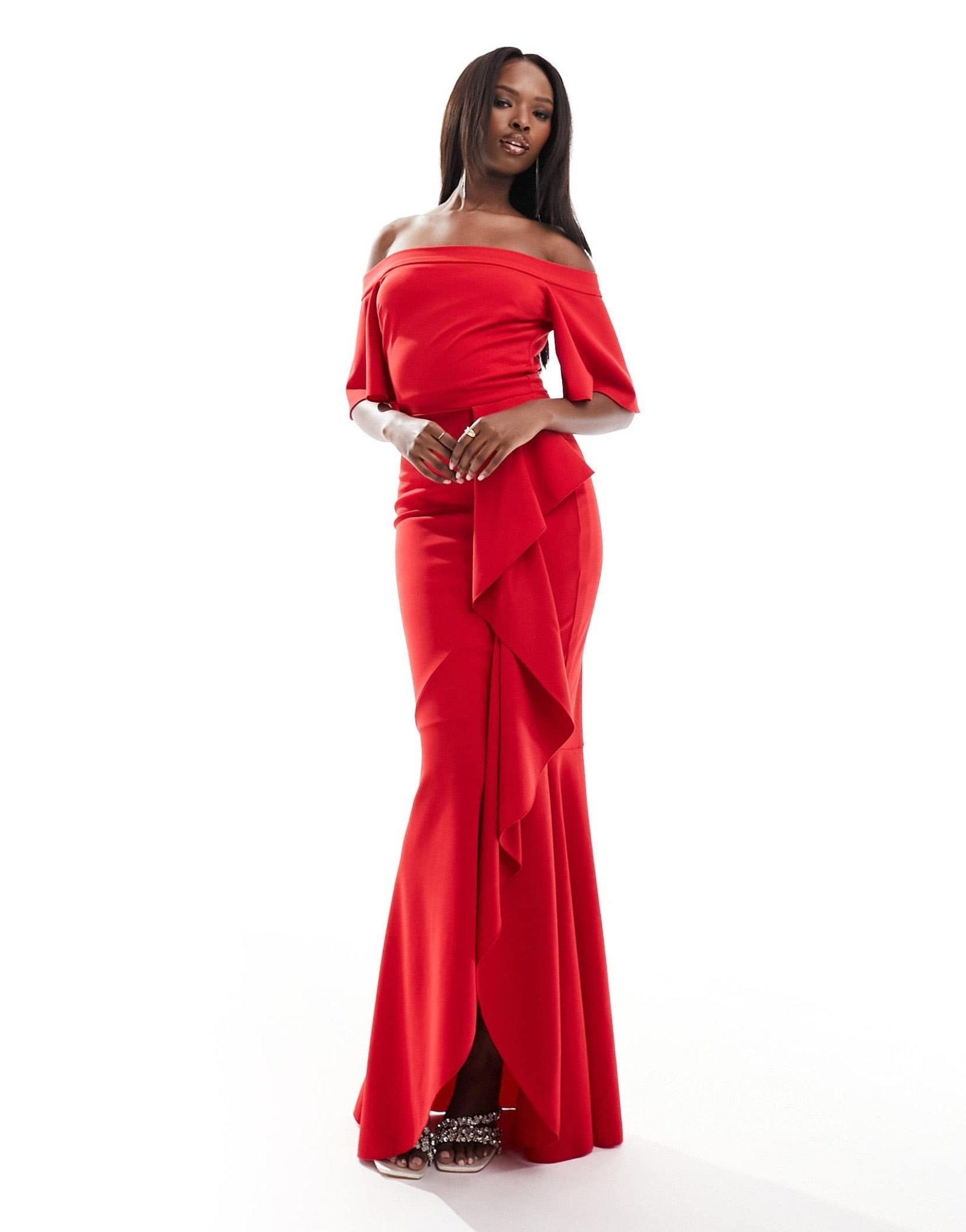 True Violet ruffle bardot maxi dress in red - ASOS Sample Sale
