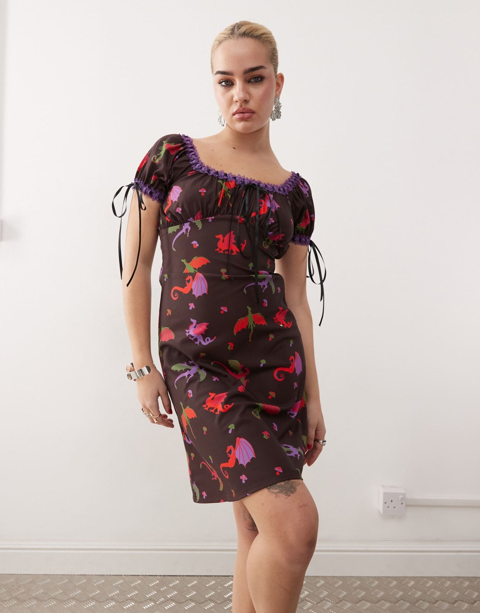 Tyler McGillivary dragon print ribbon detail midi dress in brown - ASOS Sample Sale