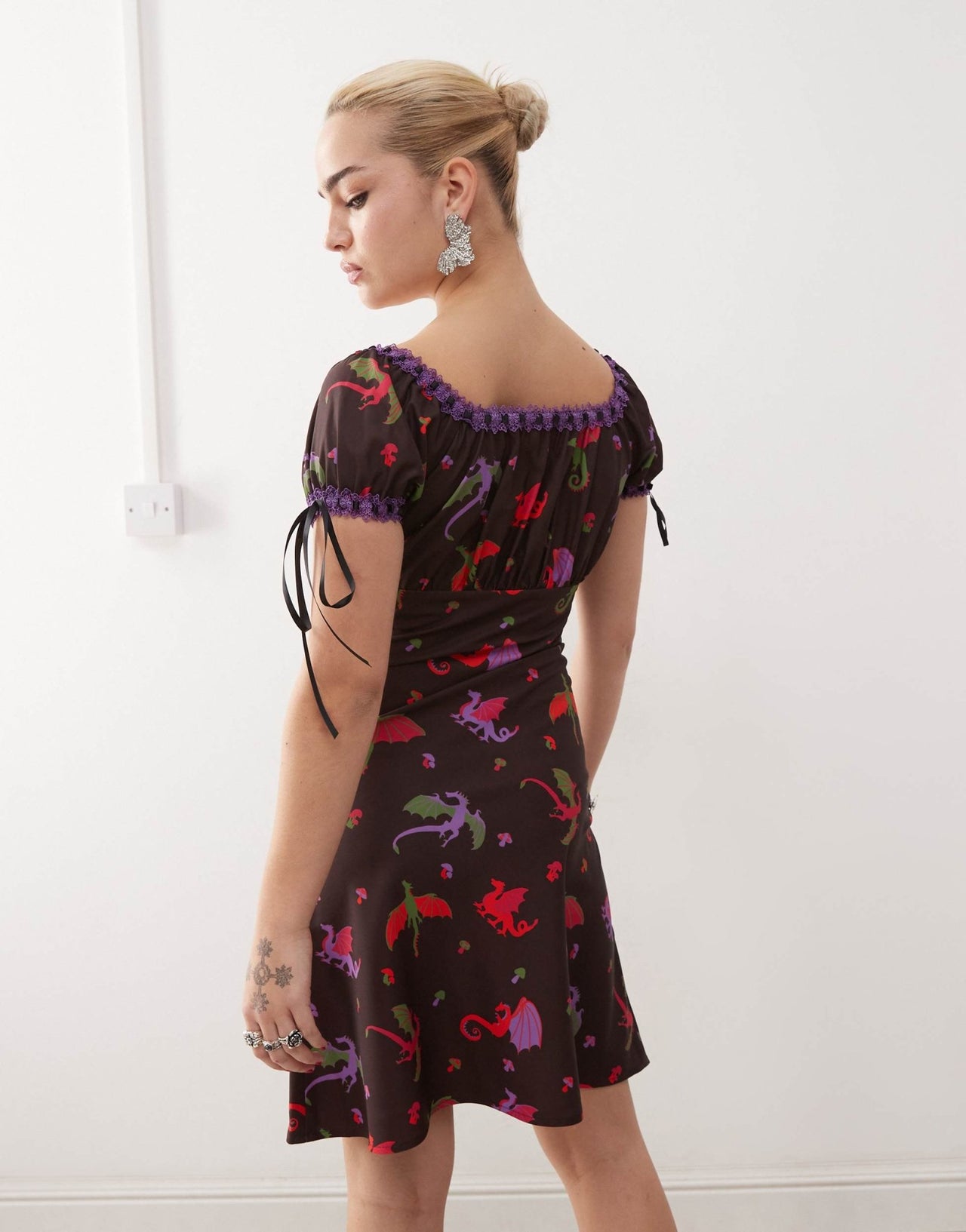 Tyler McGillivary dragon print ribbon detail midi dress in brown - ASOS Sample Sale