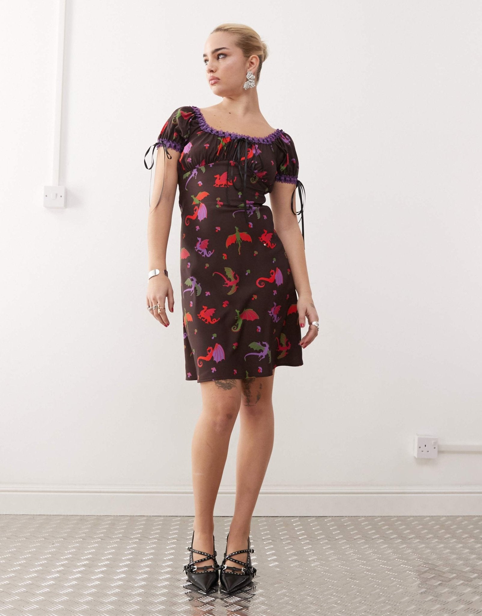 Tyler McGillivary dragon print ribbon detail midi dress in brown - ASOS Sample Sale