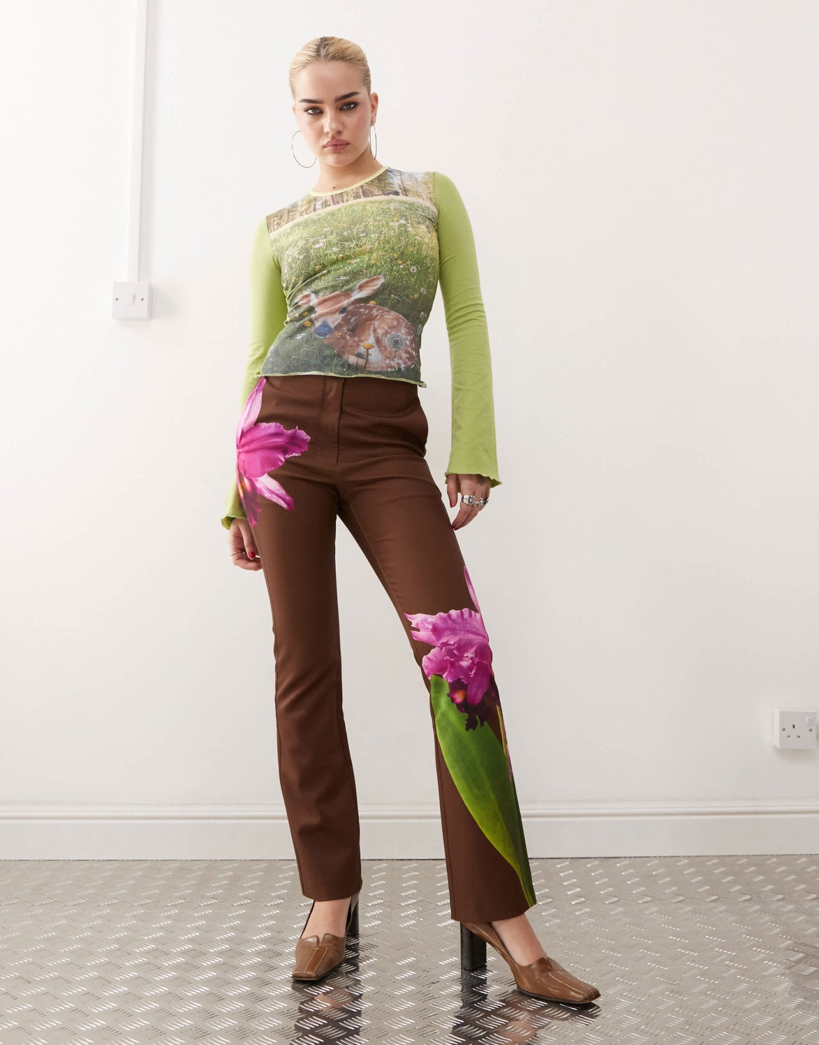 Tyler McGillivary orchid print satin straight leg trousers in brown - ASOS Sample Sale