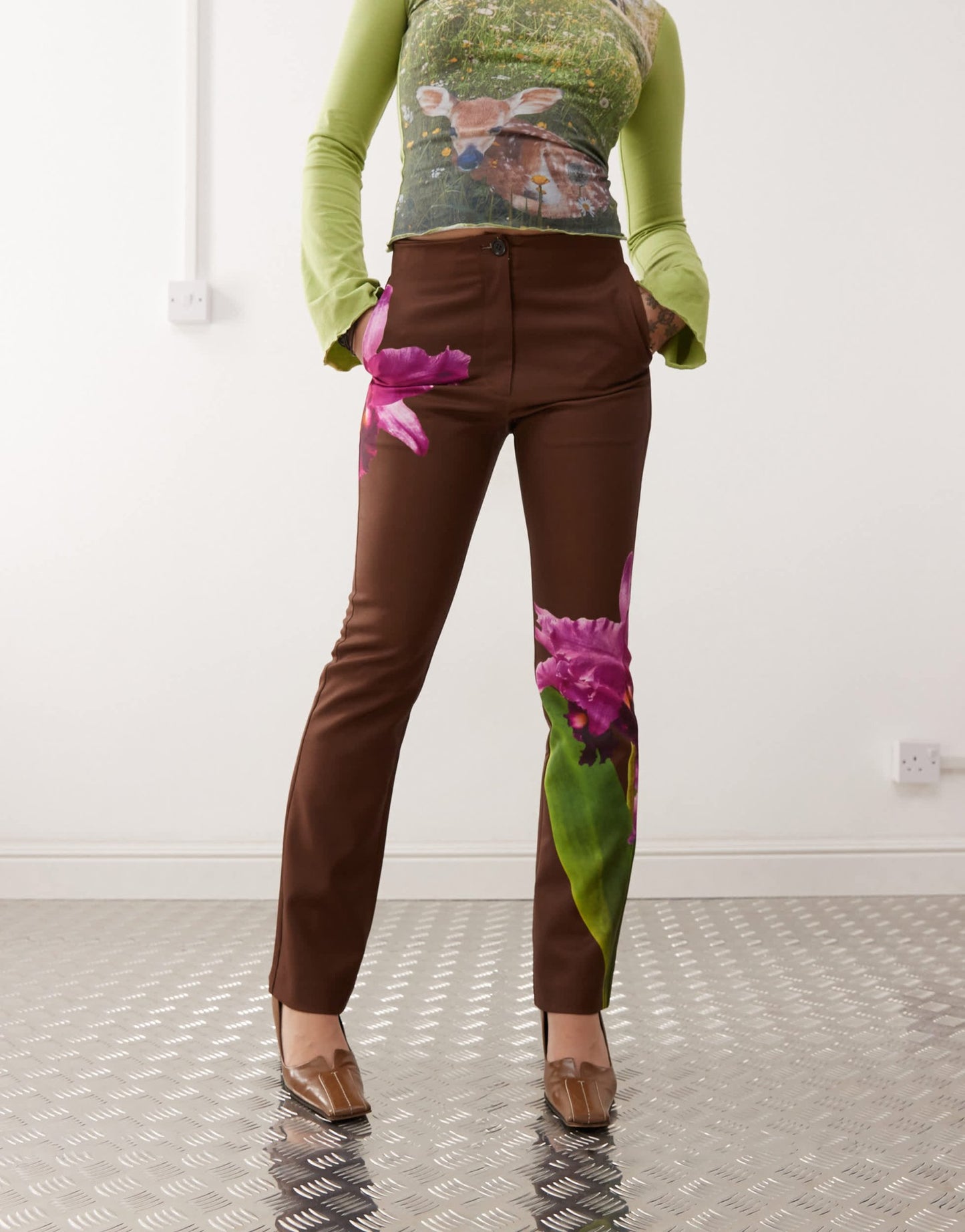 Tyler McGillivary orchid print satin straight leg trousers in brown - ASOS Sample Sale