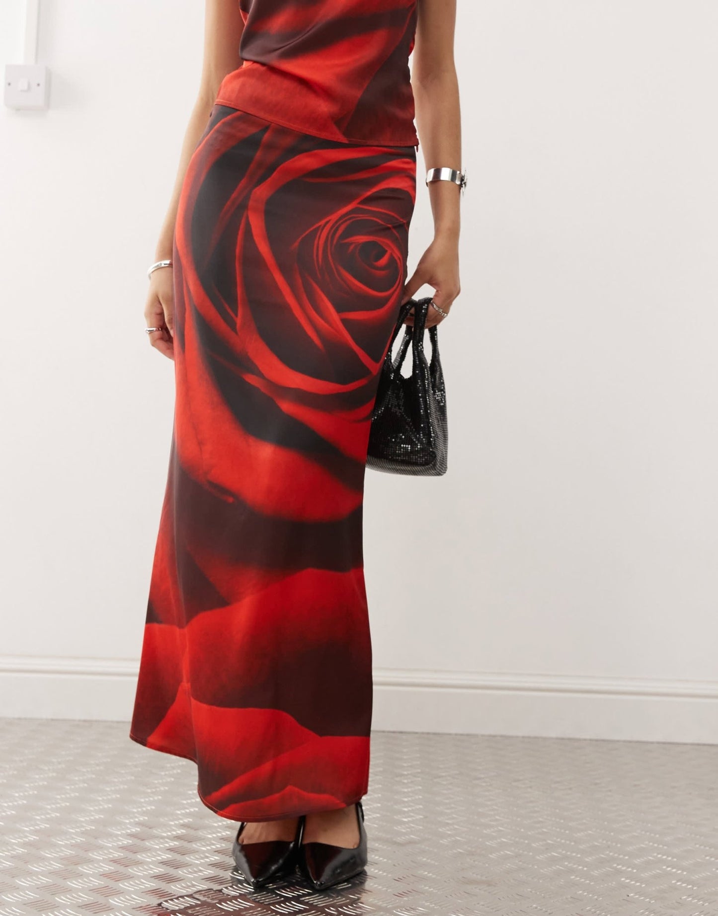 Tyler McGillivary rose print satin midi skirt co - ord in red - ASOS Sample Sale
