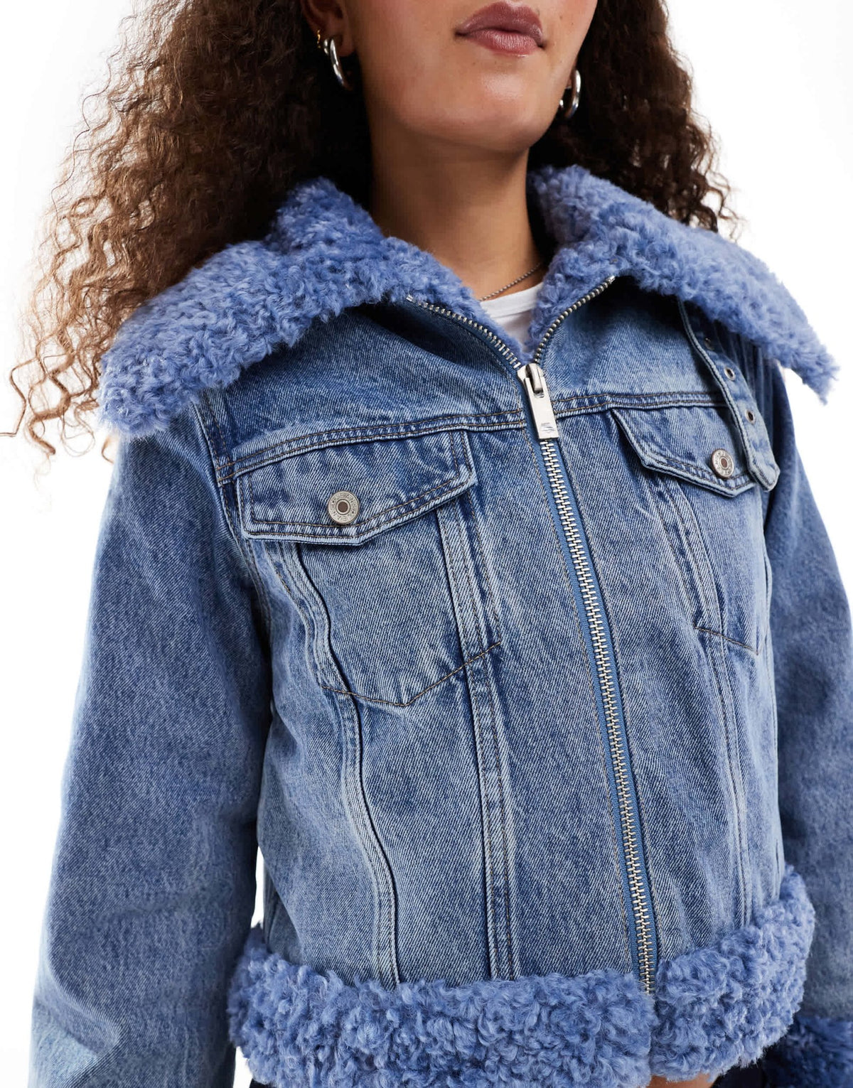 Urban Revivo faux shearling boxy denim jacket in stone blue - ASOS Sample Sale