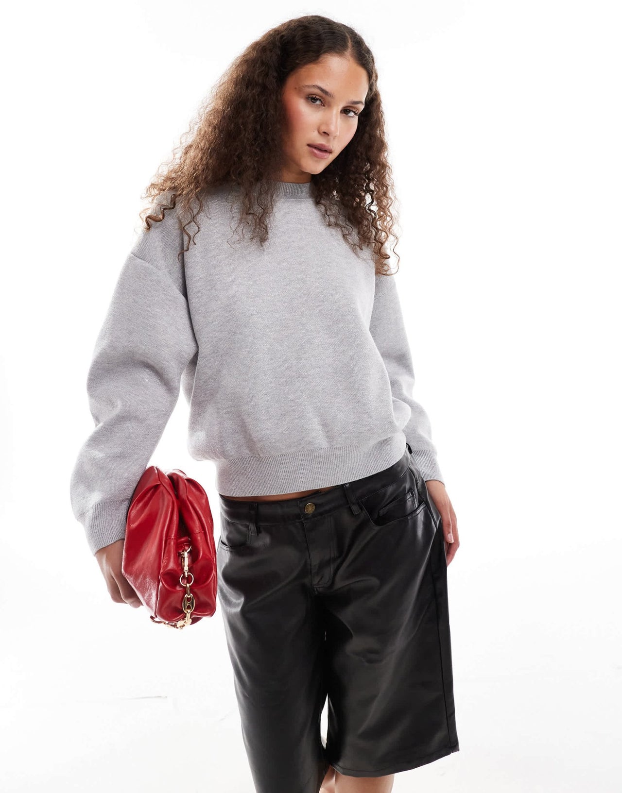 Urban Revivo round neck balloon sleeve knitted jumper in light grey marl - ASOS Sample Sale