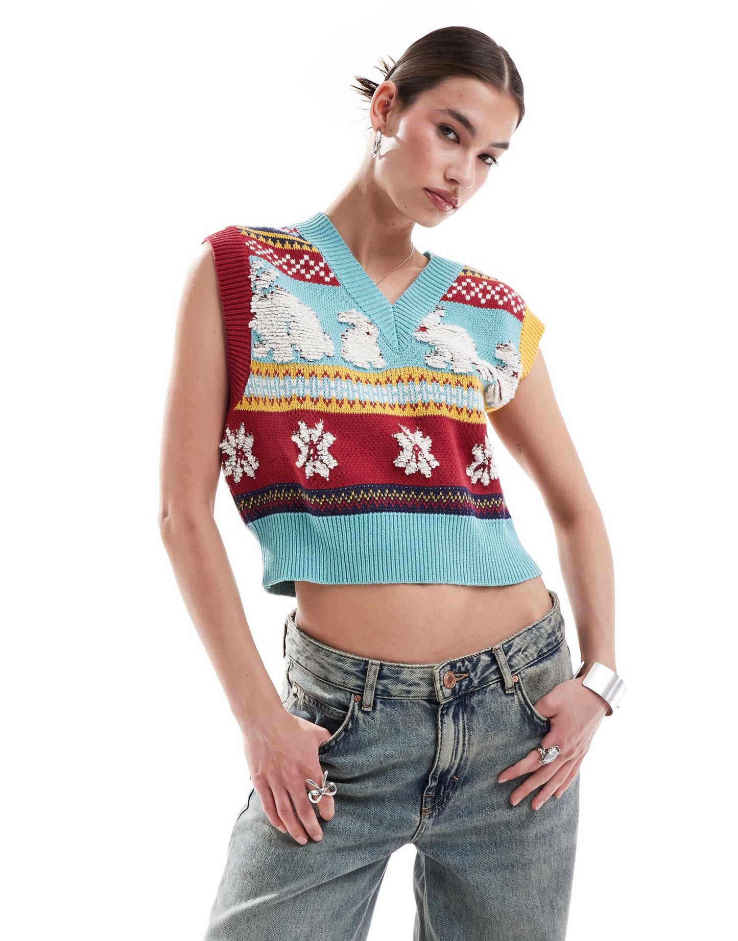 Urban Revivo v-neck rabbit intarsia knitted vest top in multi - ASOS Sample Sale
