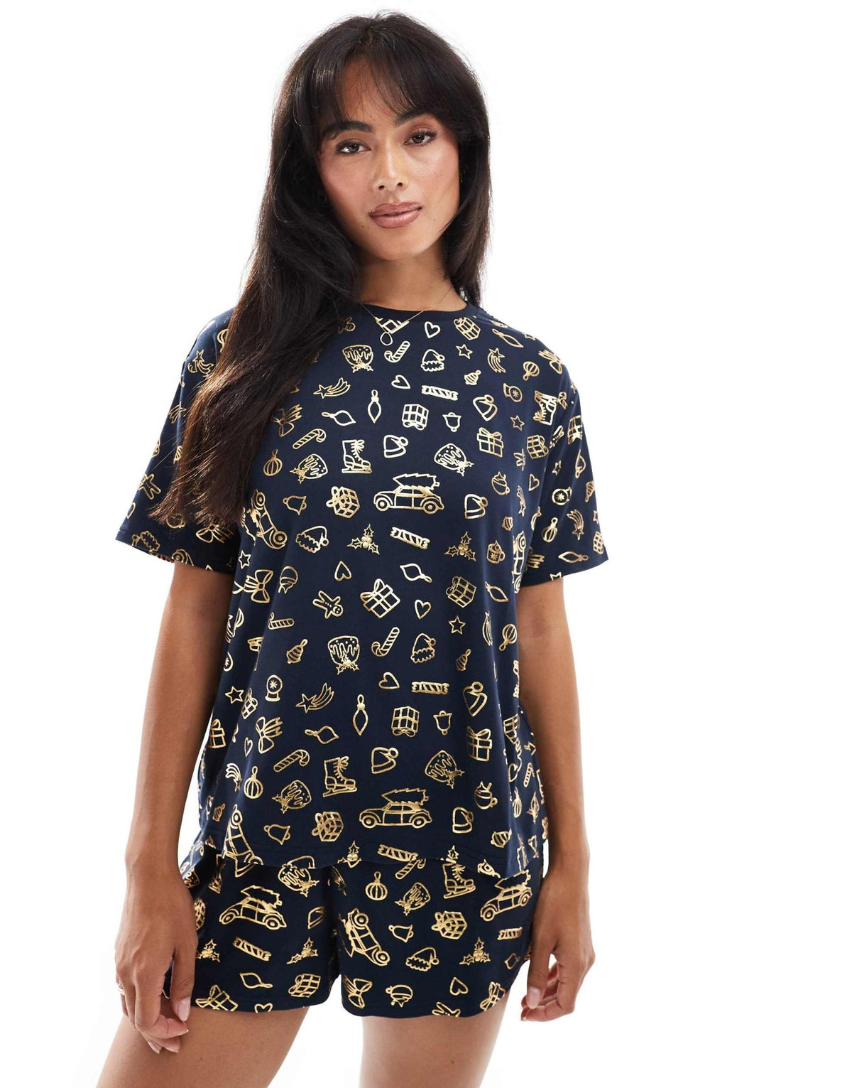 Urban Threads Christmas poly oversized t-shirt and short pyjama set in foil festive print - ASOS Sample Sale