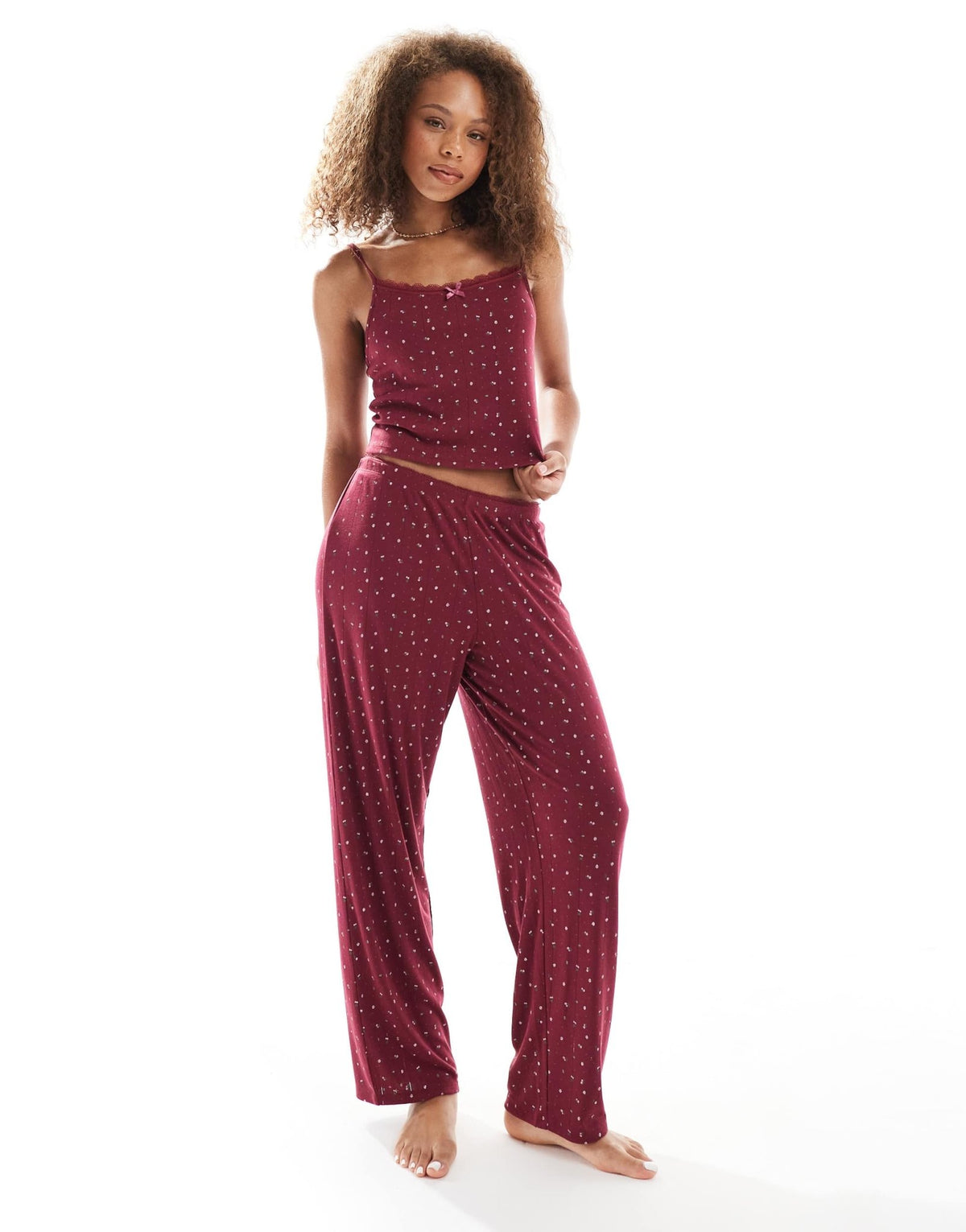 Urban Threads floral printed pointelle cami top in burgundy - ASOS Sample Sale