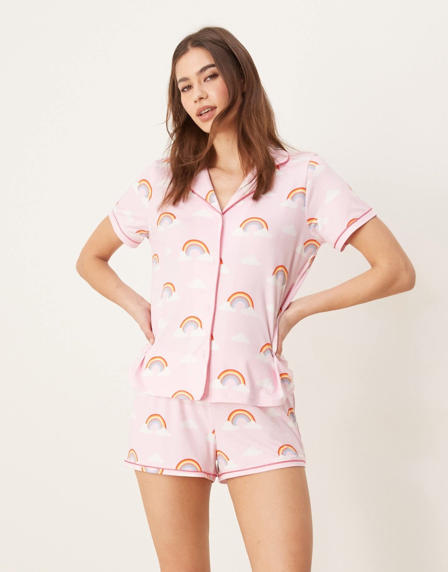 Urban Threads revere pyjama short sleeve shirt and shorts in rainbow print - ASOS Sample Sale