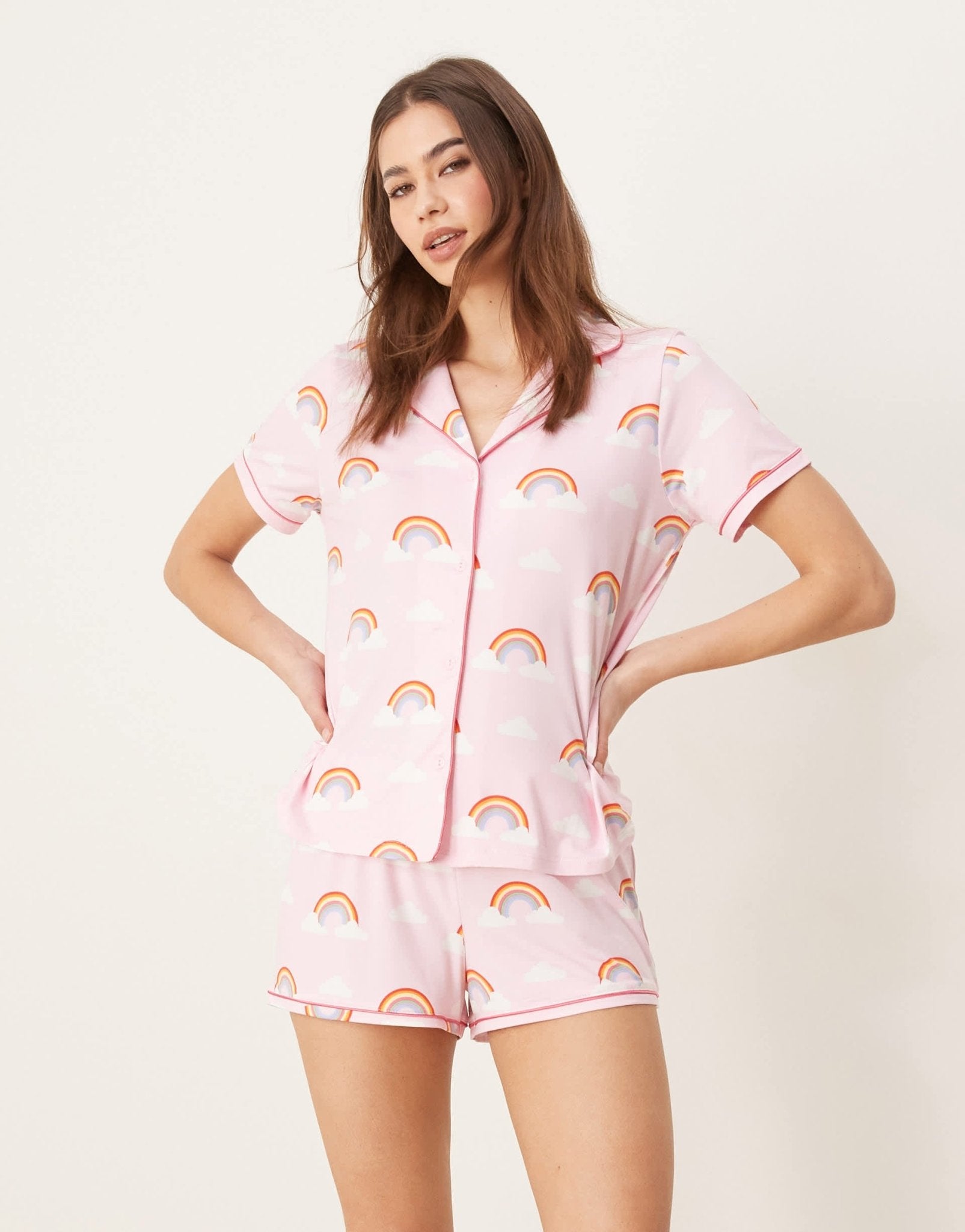 Urban Threads revere pyjama short sleeve shirt and shorts in rainbow print - ASOS Sample Sale