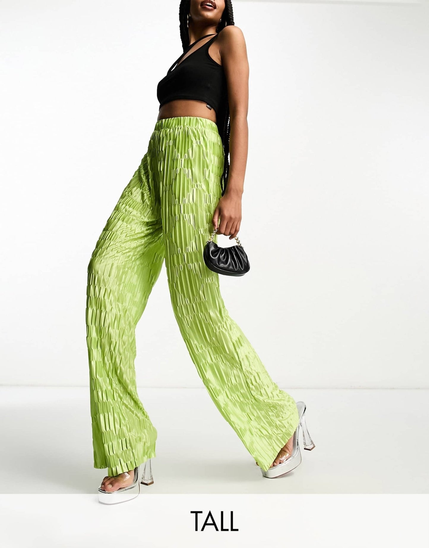 Urban Threads Tall satin plisse wide leg trousers co-ord in lime - ASOS Sample Sale