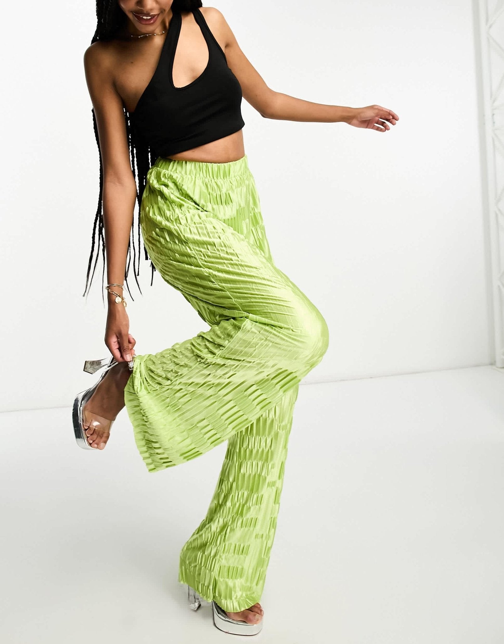 Urban Threads Tall satin plisse wide leg trousers co-ord in lime - ASOS Sample Sale