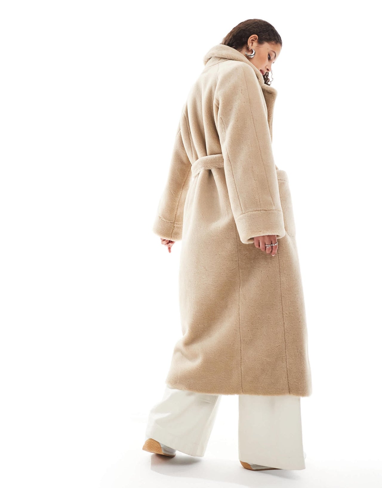 Urbancode faux shearling belted maxi coat in cream - ASOS Sample Sale