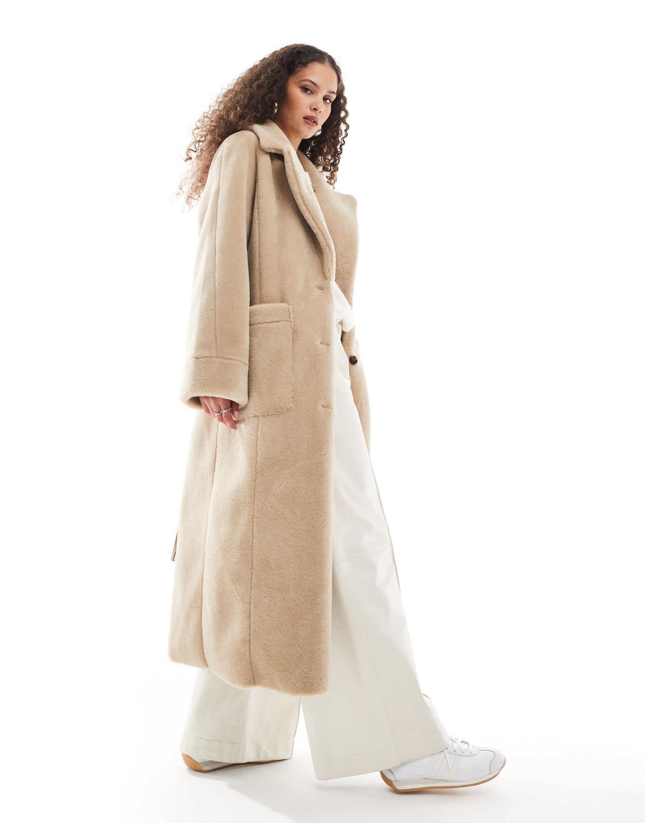 Urbancode faux shearling belted maxi coat in cream - ASOS Sample Sale