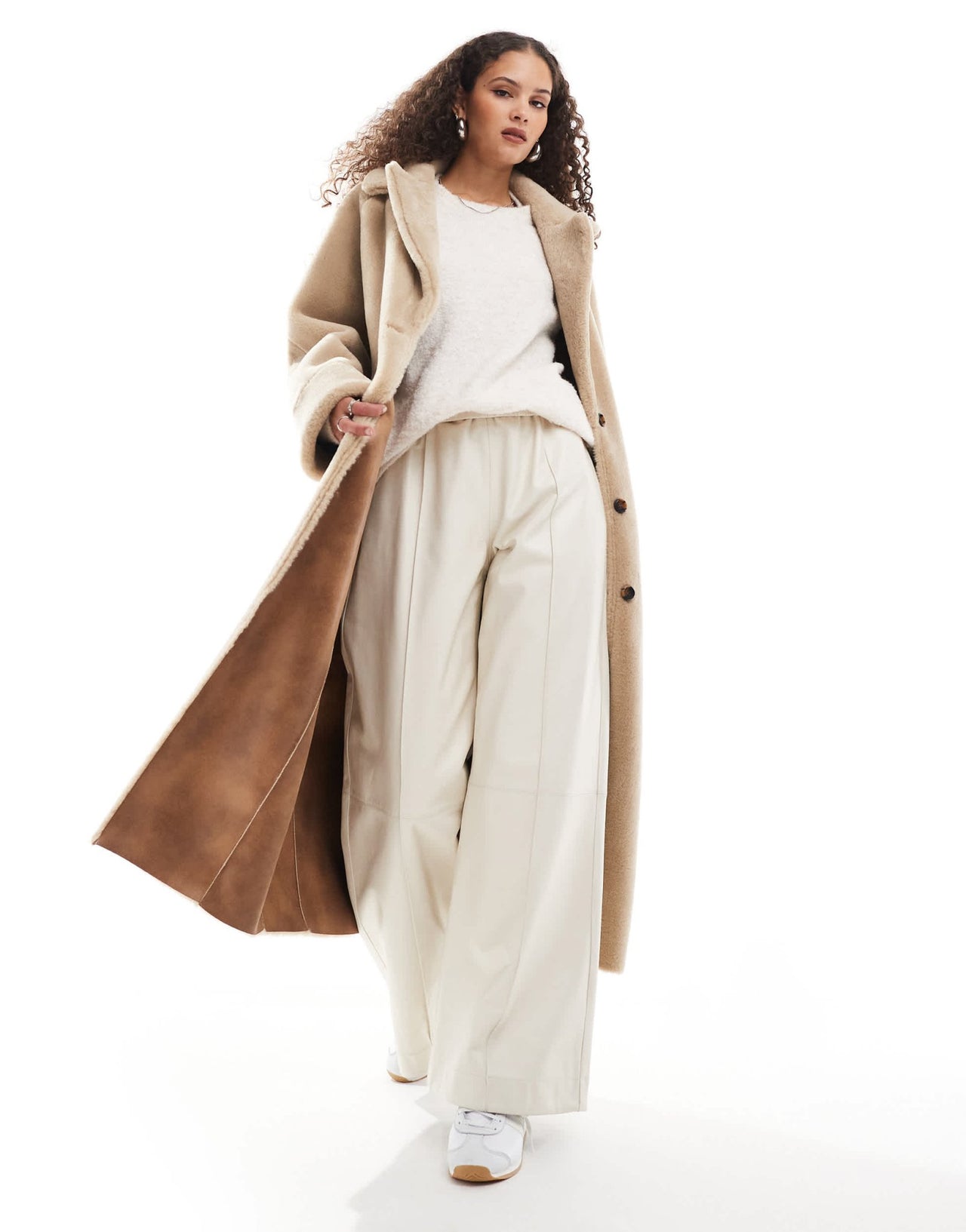 Urbancode faux shearling belted maxi coat in cream - ASOS Sample Sale