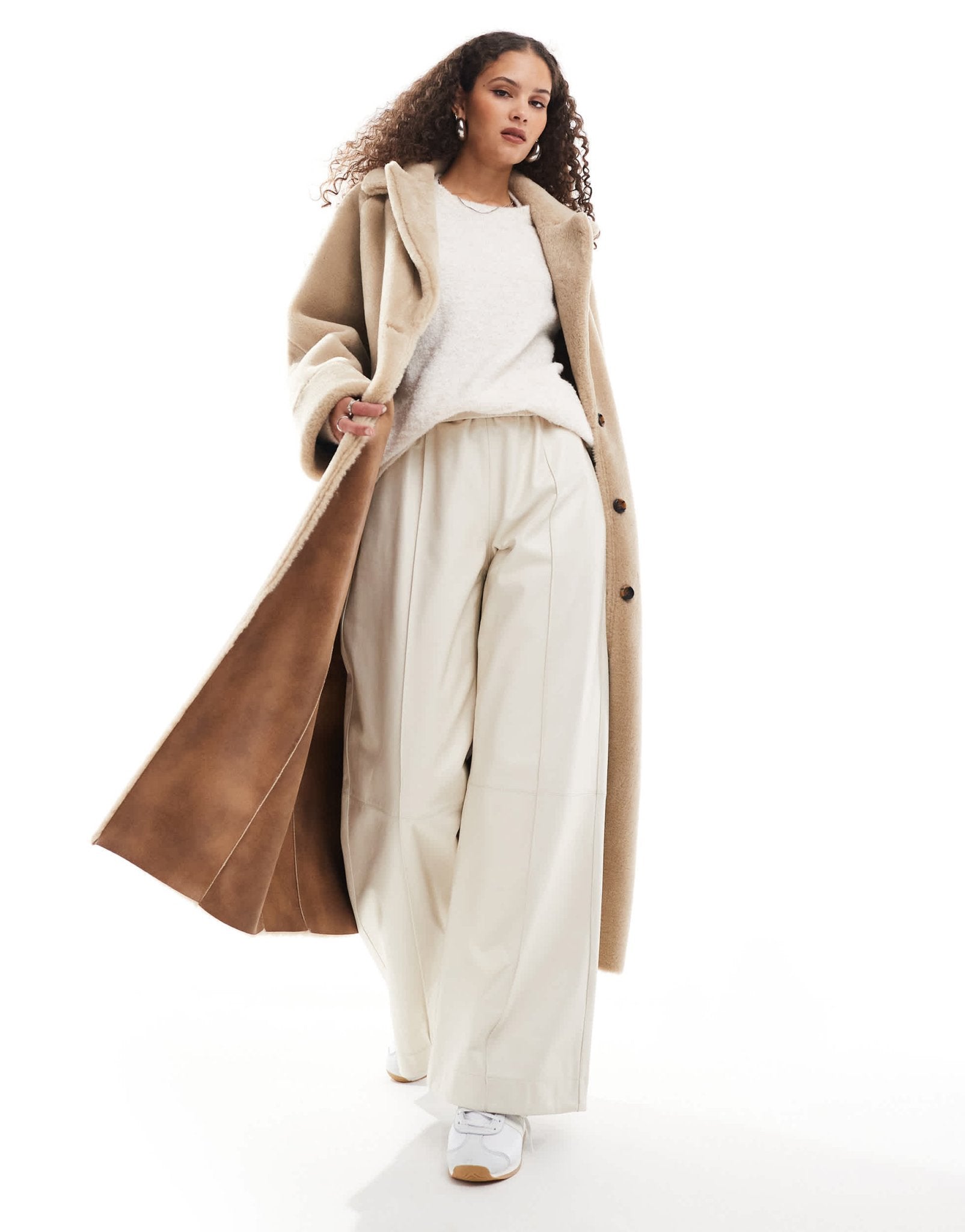 Urbancode faux shearling belted maxi coat in cream - ASOS Sample Sale