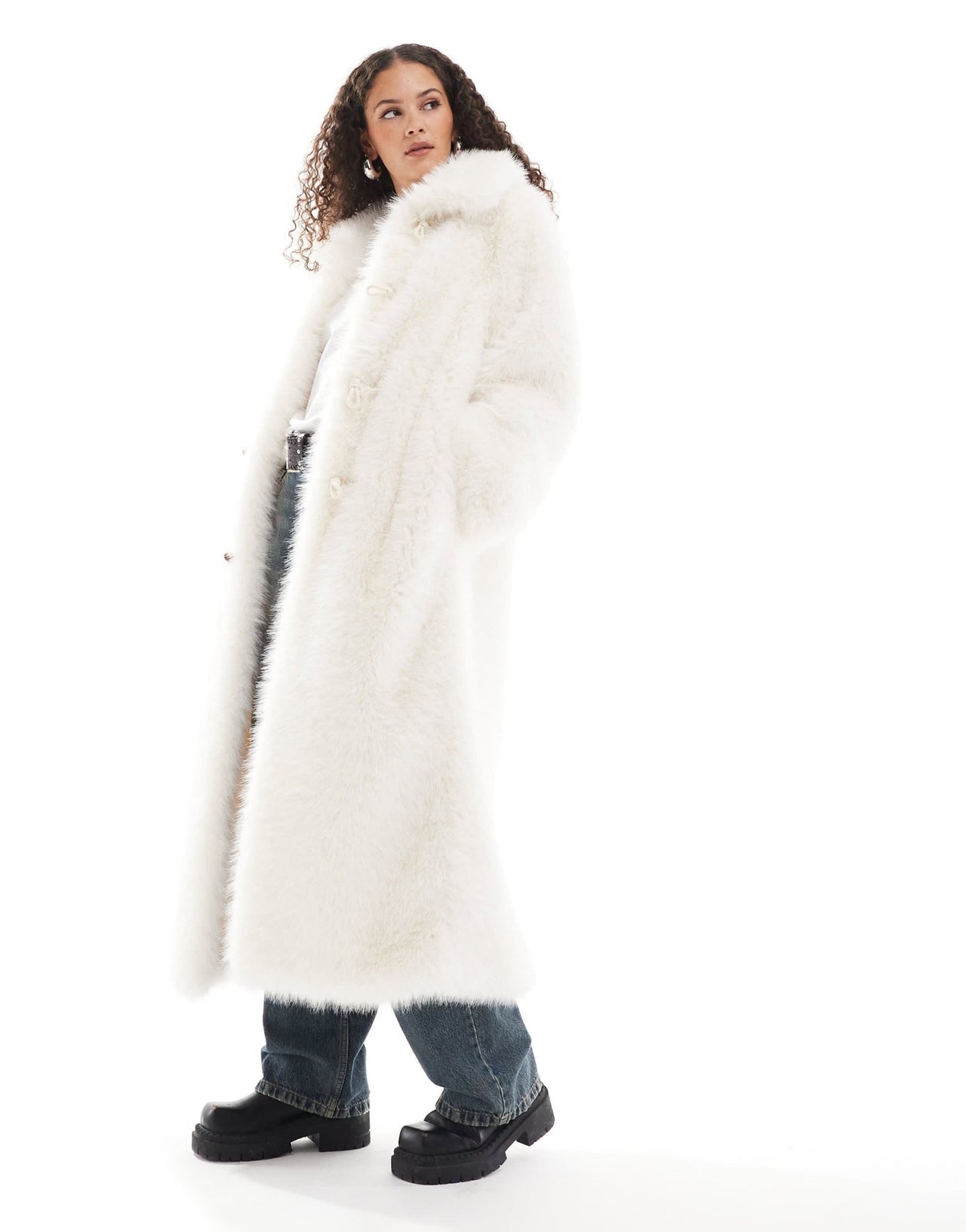 Urbancode monster faux fur maxi coat in cream - ASOS Sample Sale