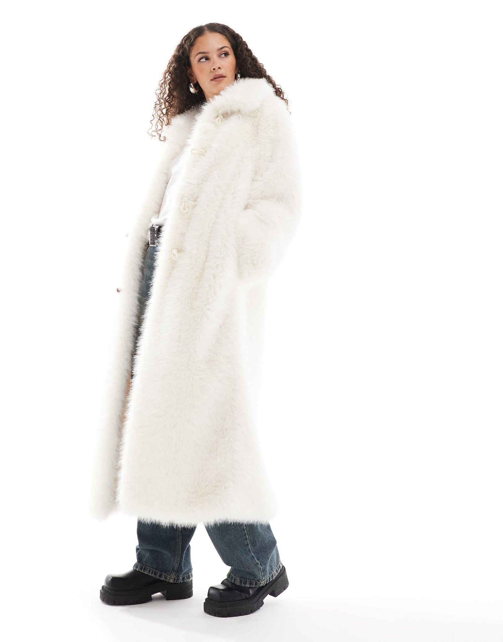 Urbancode monster faux fur maxi coat in cream - ASOS Sample Sale