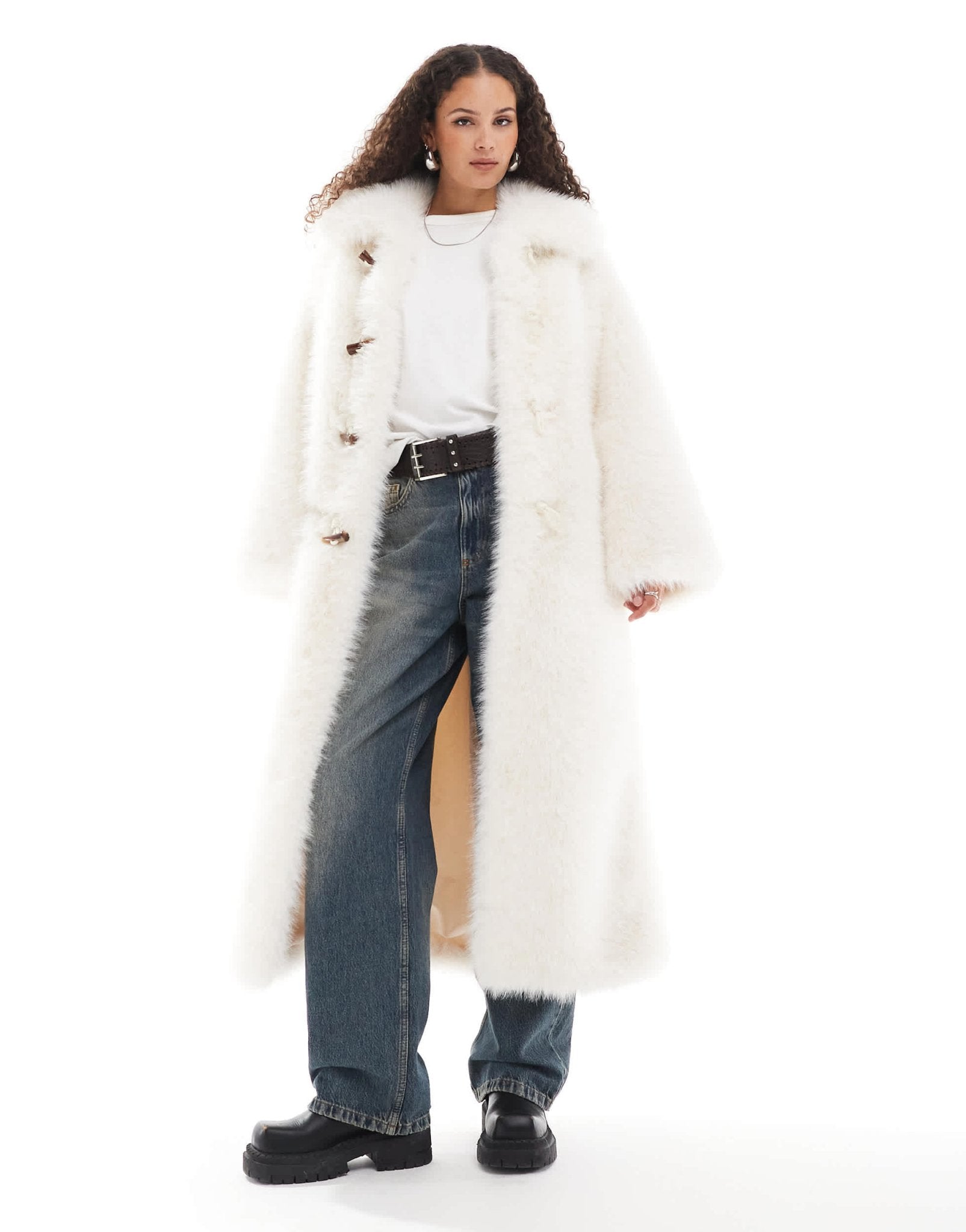 Urbancode monster faux fur maxi coat in cream - ASOS Sample Sale